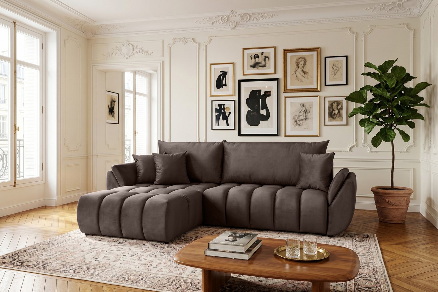 yourhouse24 Ecksofa OTTO L-Form Couch, Velours-Stoff, mit Bettfunktion & Bettkasten, Seite universal