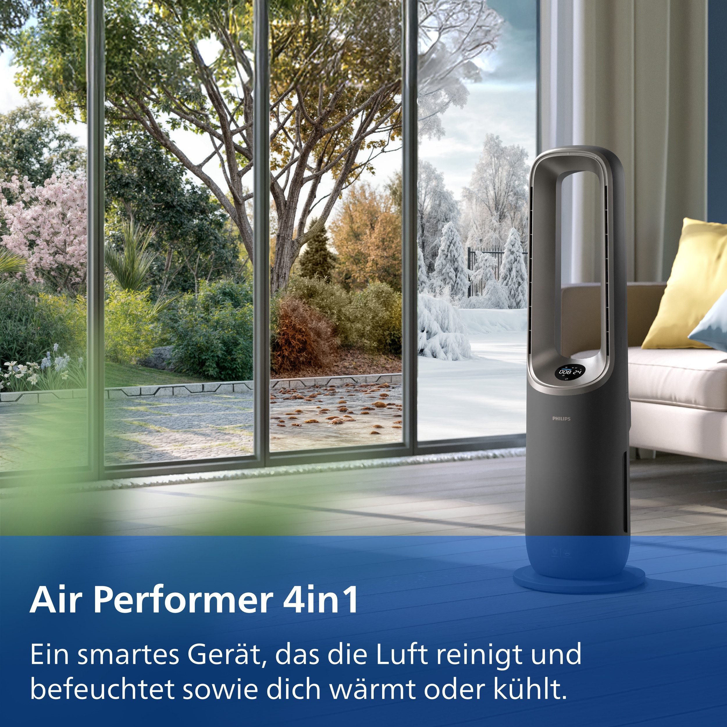 Philips Luftreiniger AMF970/10 AirPerformer 4-in-1, Reinigen, Kühlen, Heizen & Befeuchten, für 48 m² Räume, mit App-Verbindung, Fernbedienung