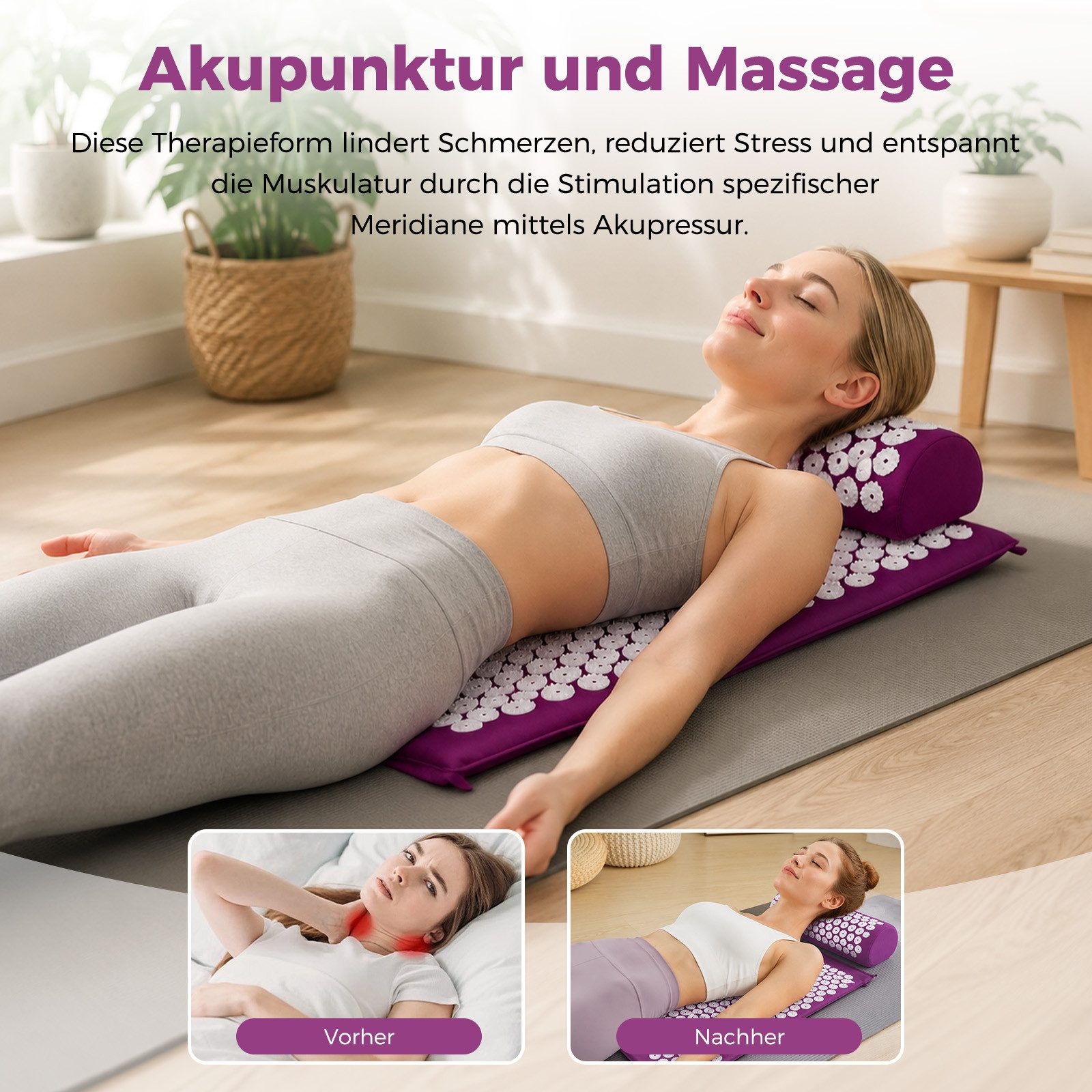 AKKEE Akupressurmatte Akupressur Set mit Akupressurkissen Massagematte 67 x 41 cm