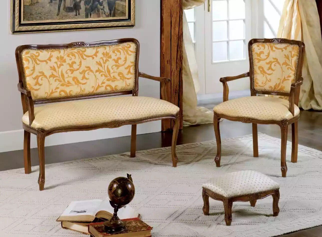 JVmoebel Wohnzimmer-Set Klassische Sitzgarnitur Polstermöbel Designe Sitzbank Hocker Stühle, (3-St., Sitzbank, Stuhl mit Armlehnen, Hocker), Made in Italy
