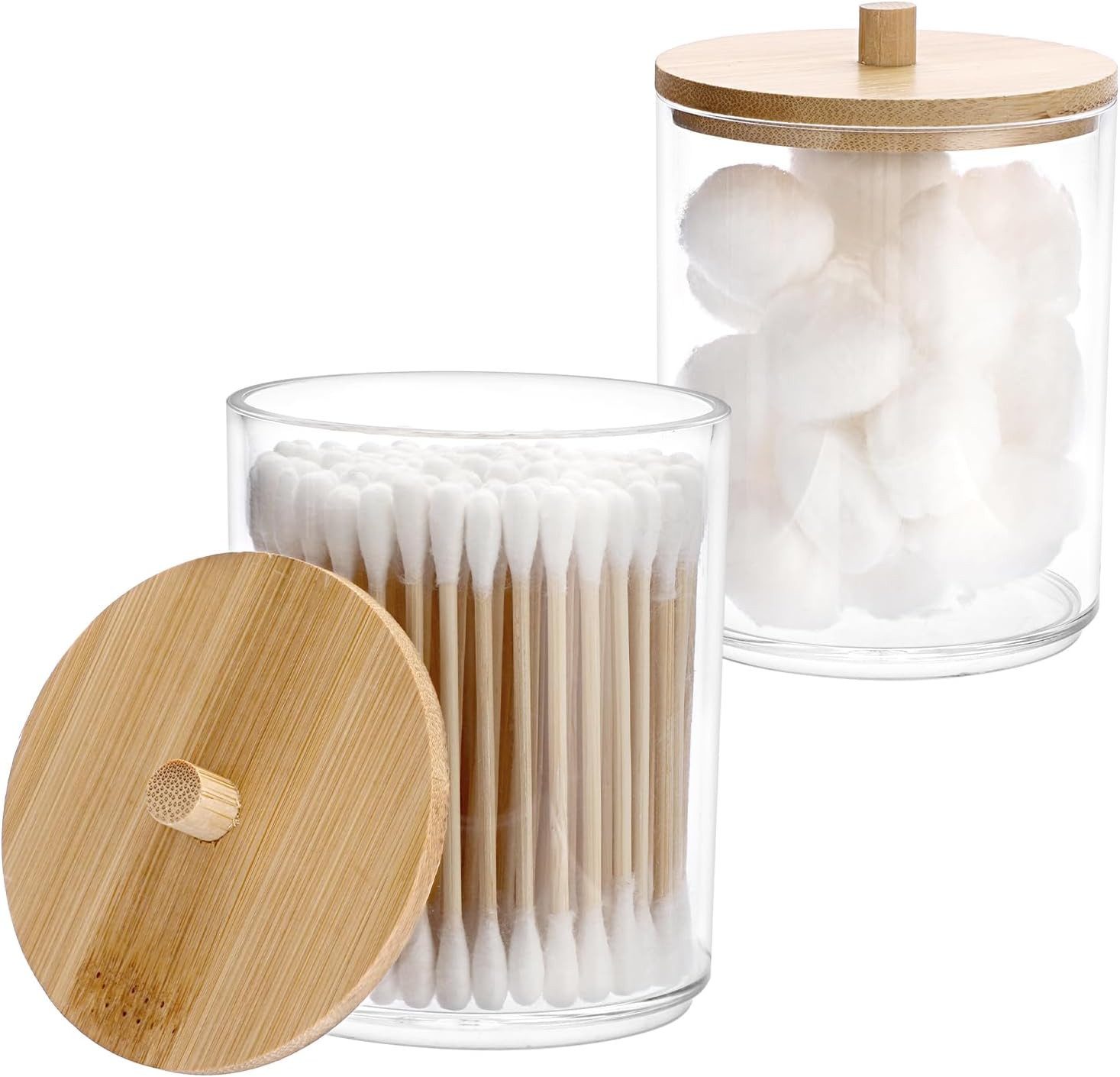 FELIXLEO Make-Up Organizer 2er Set Acryl Wattestäbchen Behälter mit Bambusdeckel Rund Klar, 1-tlg.