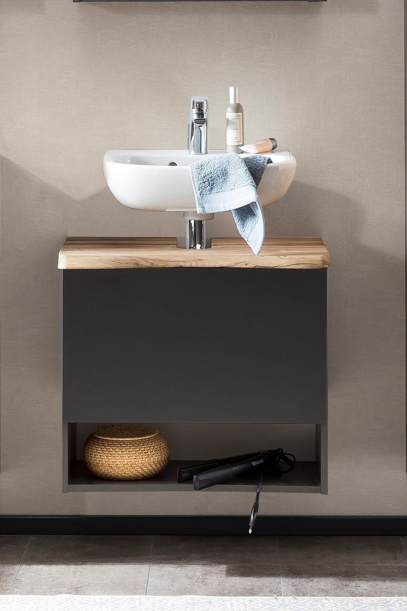 möbelando Waschtisch-Set Kaprun, aus MDF in graphit mit Absetzungen in wotaneiche. Abmessungen (B/H/T) 61x55x47 cm