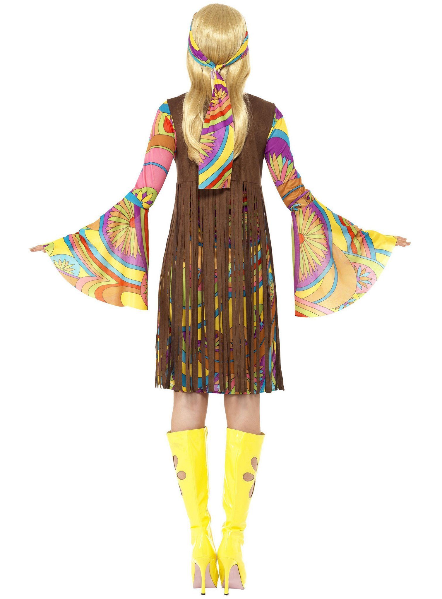 Smiffys Hippie-Kostüm Hippie Kostüm Kleid Karneval Faschingskostüm Damen, Peace, Love und bunte Farben