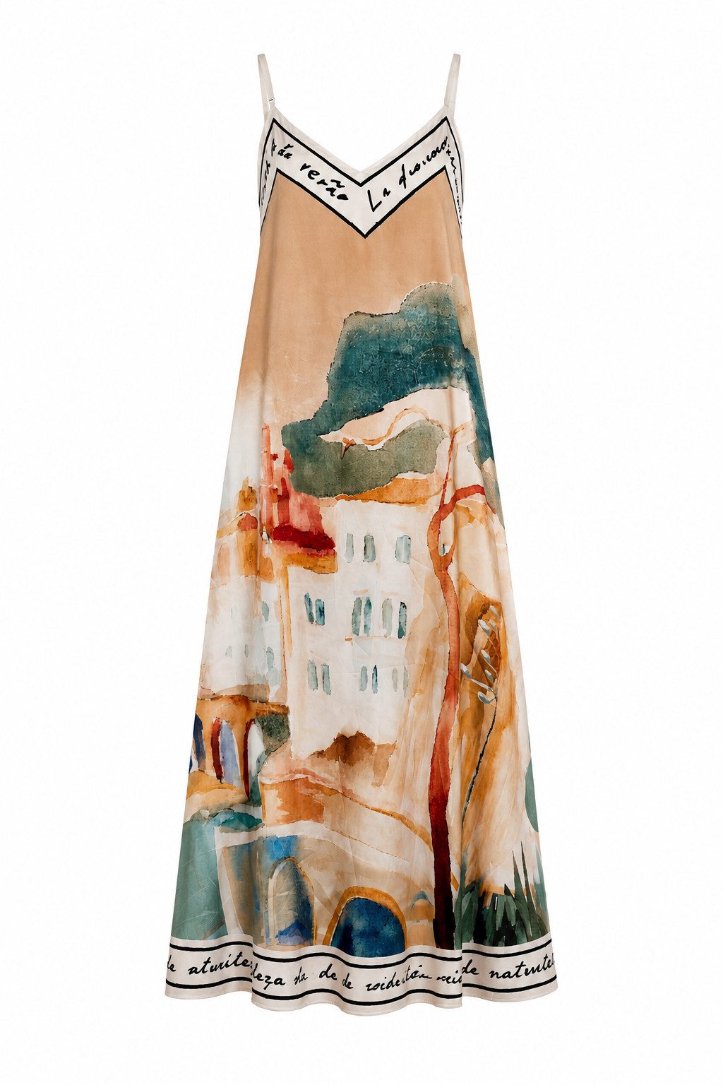 ITALY VIBES Sommerkleid - A-Linien Kleid mit Aquarell Print - Damen Kleid in Satin-Optik ONE SIZE - passend für Größen M bis XL