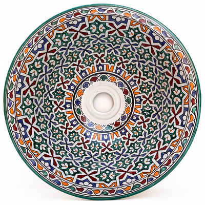 l-artisan Aufsatzwaschbecken Marokkanische Bad Spüle aus Keramik bemalt, Rund Keramik Waschschüssel, Waschbecken handbemalt FES-MULTI-8