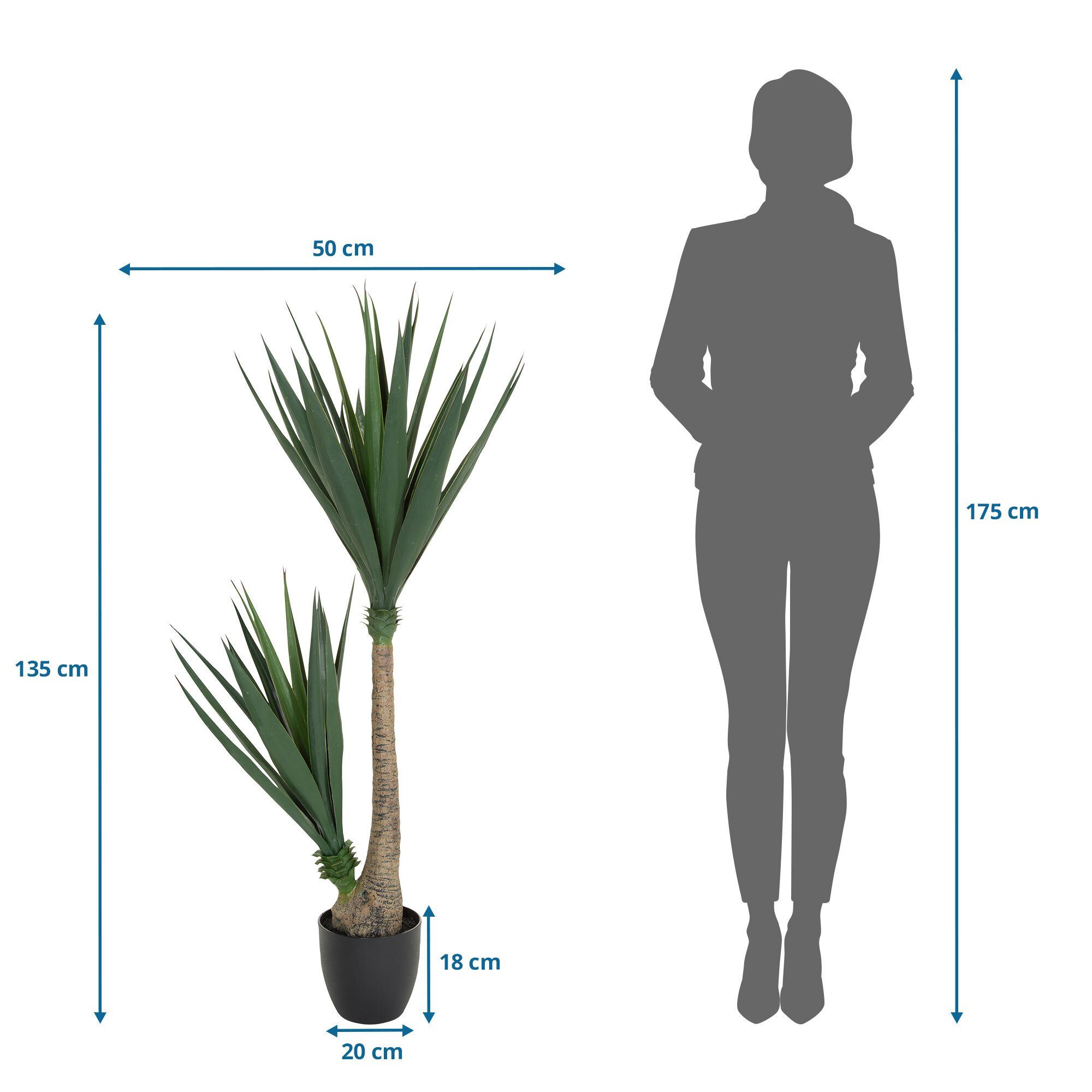 135.0 cm, Kunststoff YUCCA Kunststoff-Topf Kunstpflanze Palme, Höhe OFFICE, hjh im Kunstpflanze Pflanze