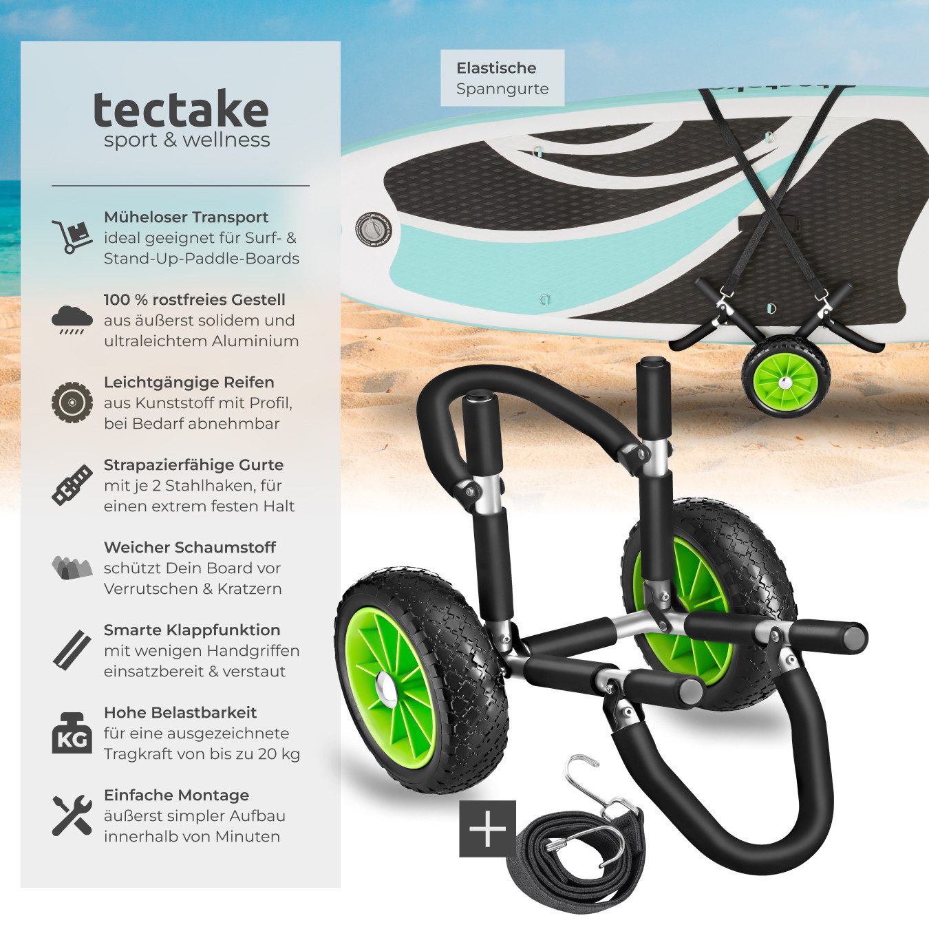 tectake SUP-Transportwagen Surfboard Transportwagen WaveWheel, rostfreies Aluminium, (Komplettset), inkl. 2 Sicherungsgurte, 42 x 70 x 48,5 cm