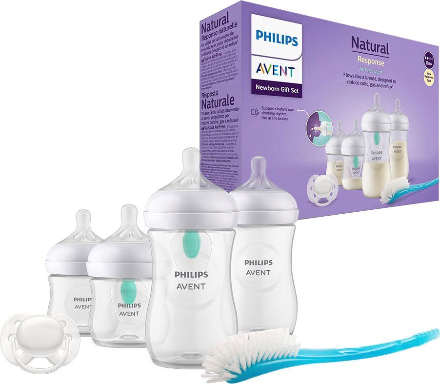 Philips AVENT Babyflasche Natural Response Flaschen-Set Air-Free Ventil SCD657/11, 4 Flaschen mit AirFree-Ventil, ultra soft Schnuller, Flaschenbürste