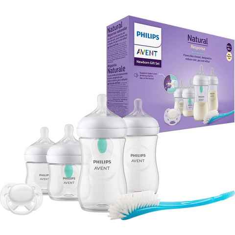 Philips AVENT Babyflasche Natural Response Flaschen-Set Air-Free Ventil SCD657/11, 4 Flaschen mit AirFree-Ventil, ultra soft Schnuller, Flaschenbürste
