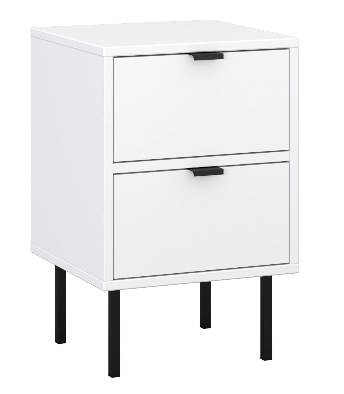 Feldmann-Wohnen Nachttisch Ido (mit Ablage, mit Schubladen, moderne Optik, schwarze Metallgriffe), 35x34x54cm / weiß