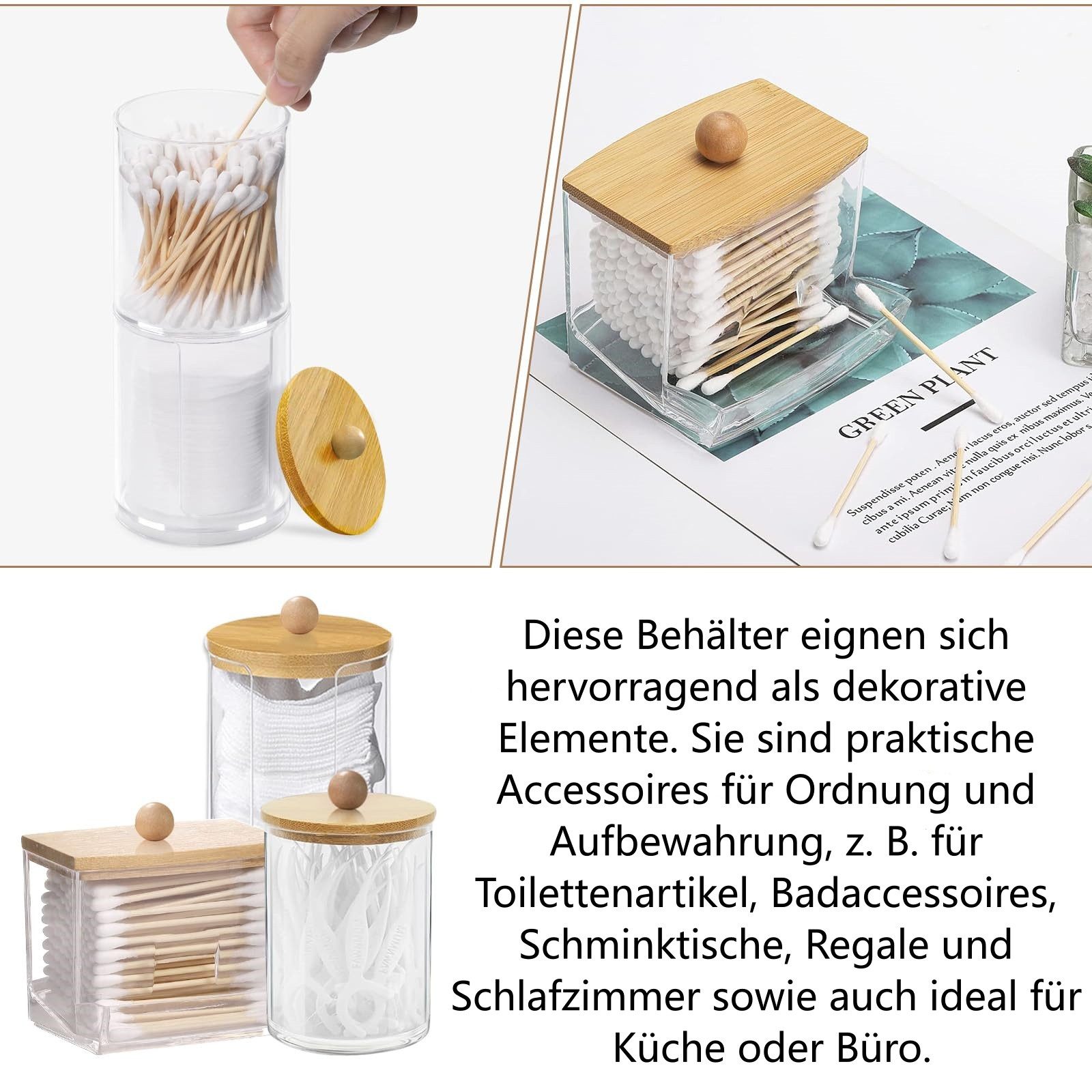 FOUORTUNATE-BEE Wattestäbchenspender 3× Wattepad- & Wattestäbchen-Box mit Bambusdeckel, Transparente Aufbewahrungsdosen für Bad & Schminktisch