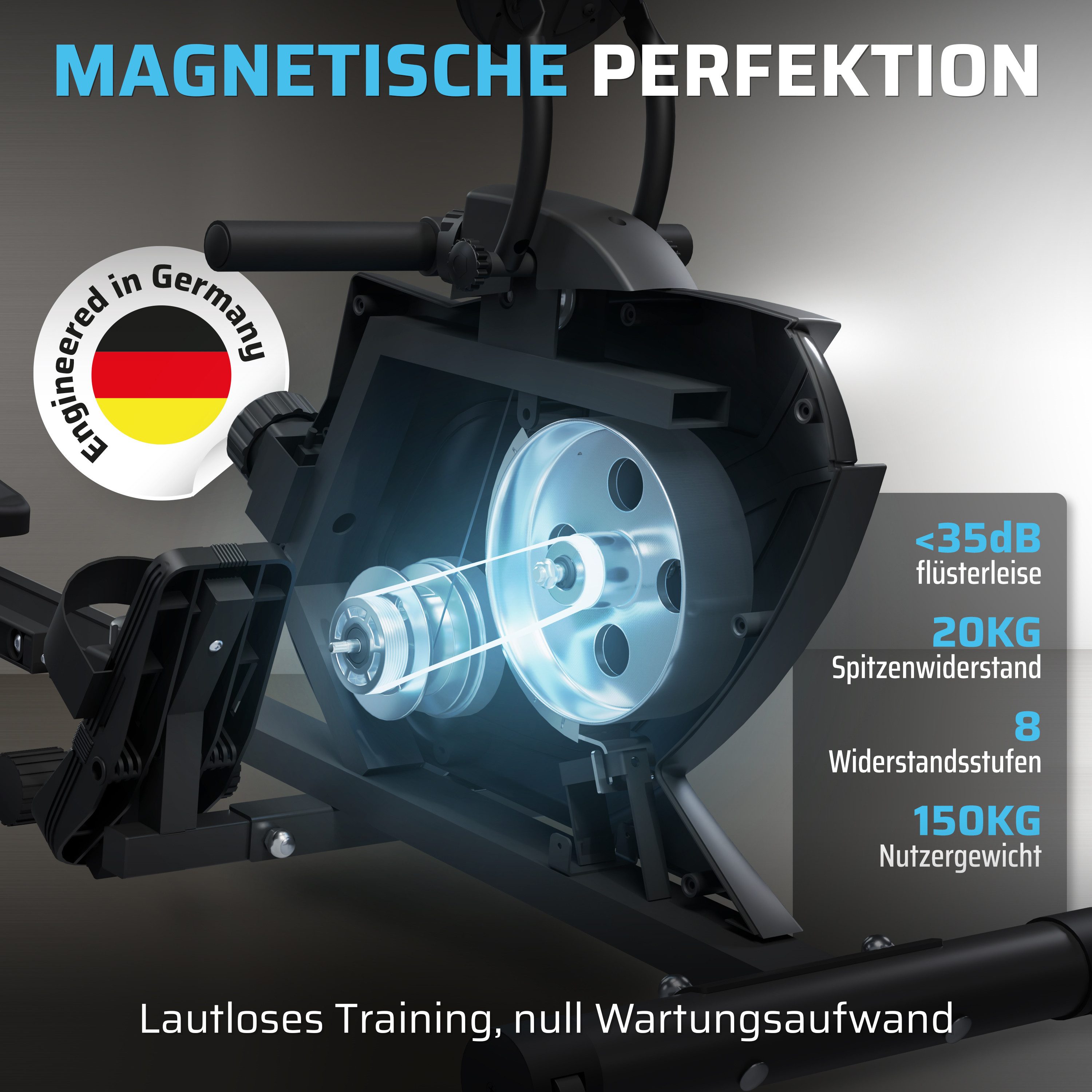 SportPlus Rudergerät SP-MR-1200-B-iE, App Kompatibilität, klappbar, Magnetbremssystem, 8 Widerstandsstufen