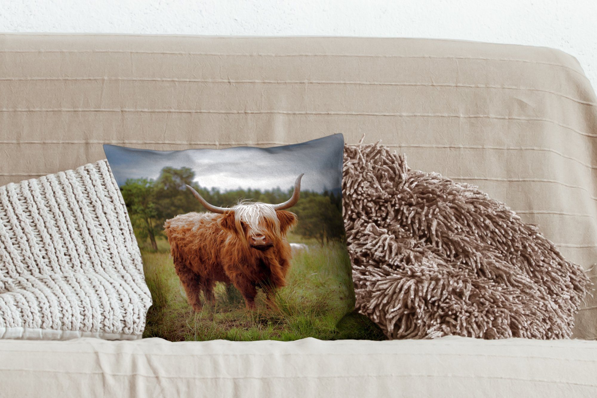 MuchoWow Dekokissen Schottischer Highlander - Schlafzimmer, Kuh, Deko, Sofakissen Füllung - für Zierkissen mit Wohzimmer, Tiere