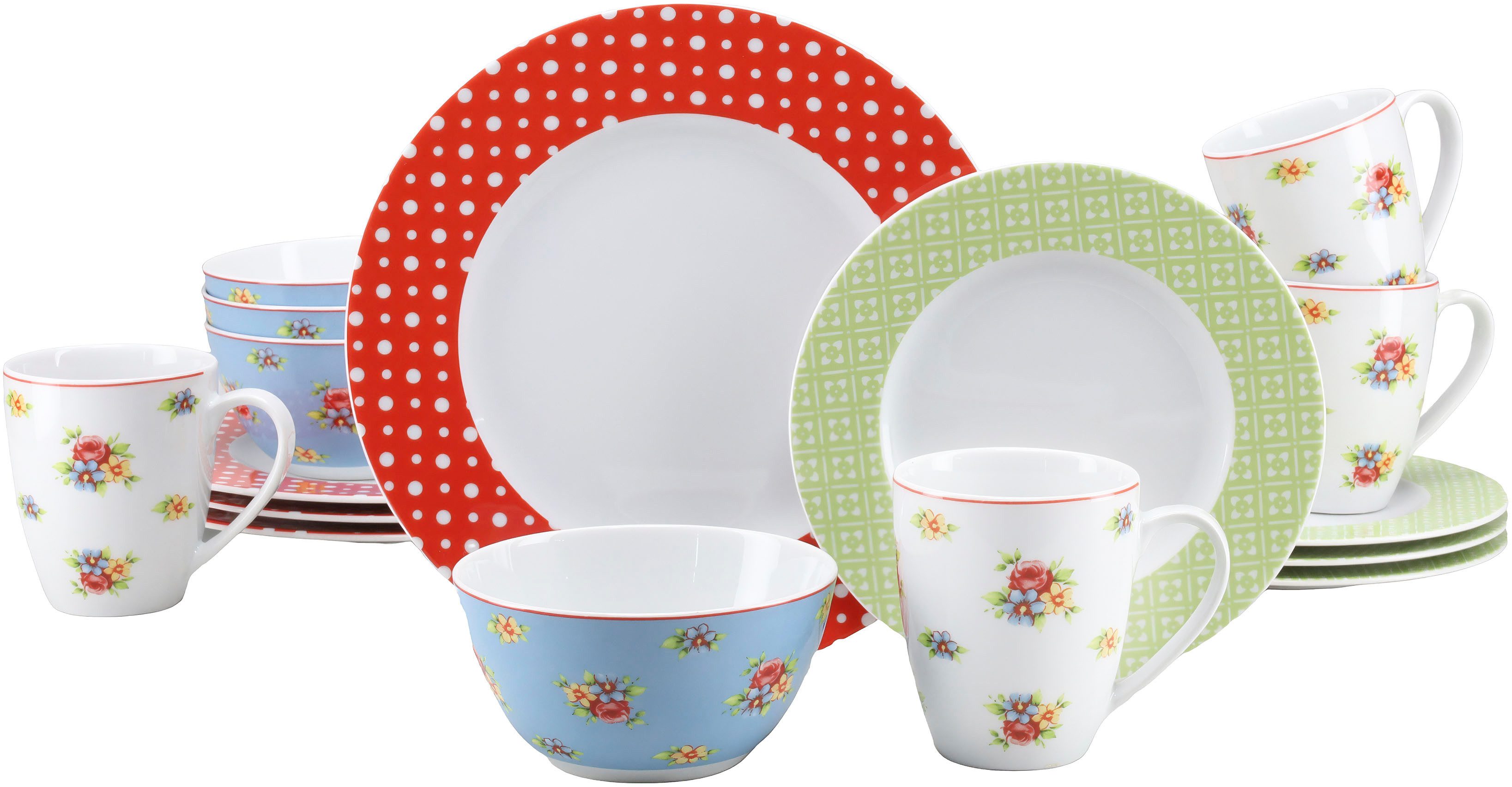 CreaTable Kombiservice Geschirr-Set Emily (16-tlg), 4 Personen, Porzellan, Service, romantisches Blumendekor, 16 Teile, für 4 Personen