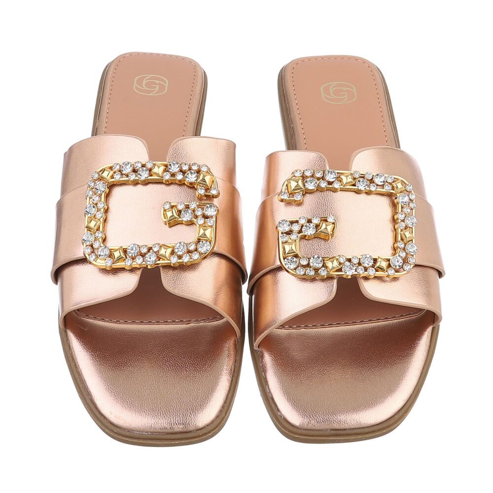 Ital-Design Damen Mules Freizeit Pantolette (86527077) Blockabsatz Pantoletten in Champagner