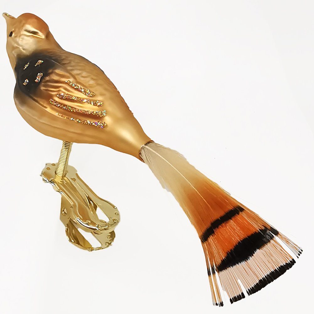 mundgeblasen, Vogel Schatzhauser 7cm Christbaumschmuck Naturfedern, (1-tlg), handbemalt Goldschwanz mit