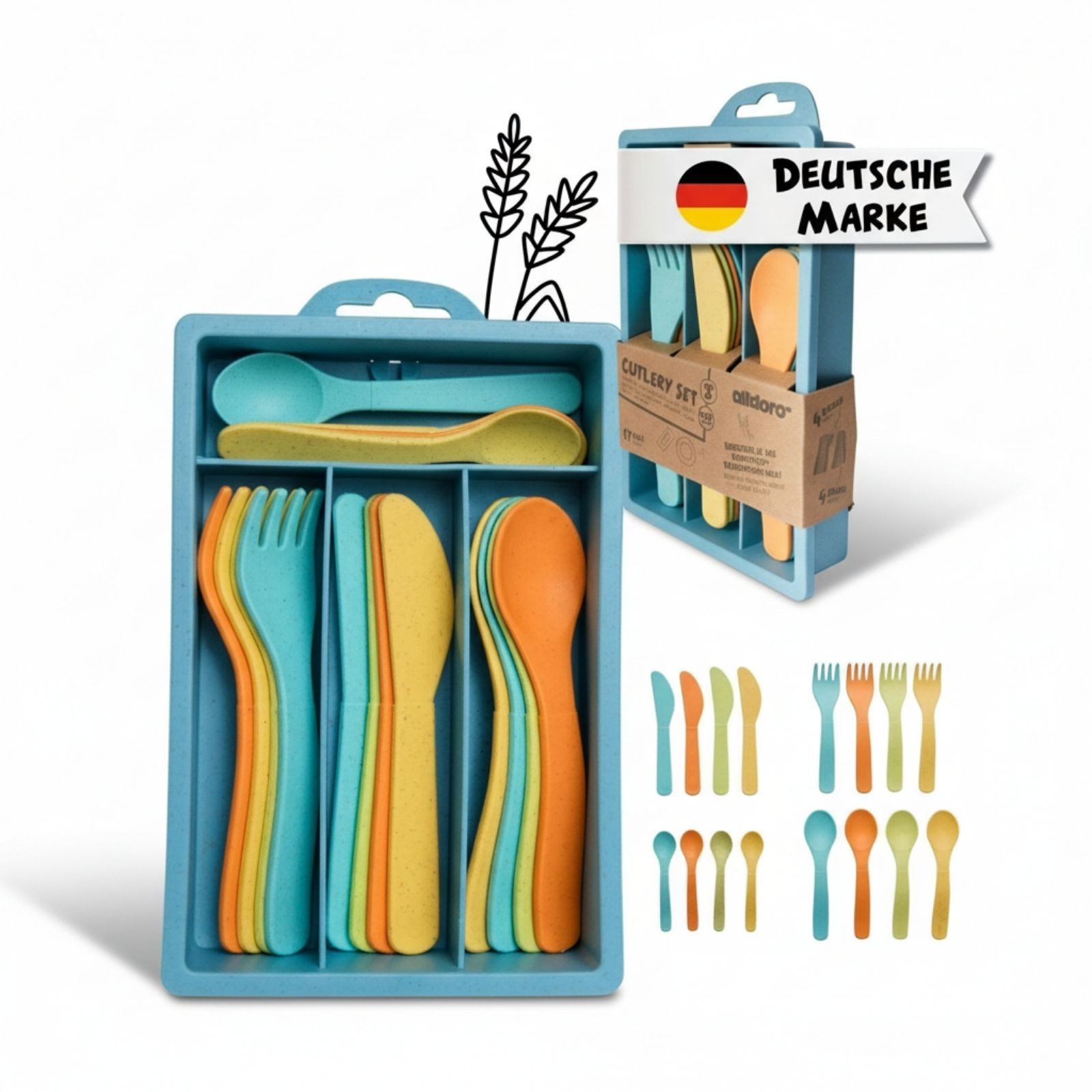 alldoro Spielbesteck Kinderküchen Besteck-Set 17-teilig mit Besteckkasten, Farbenfrohes Küchenspielzeug für Rollenspiele, für Kinder ab 3 Jahren