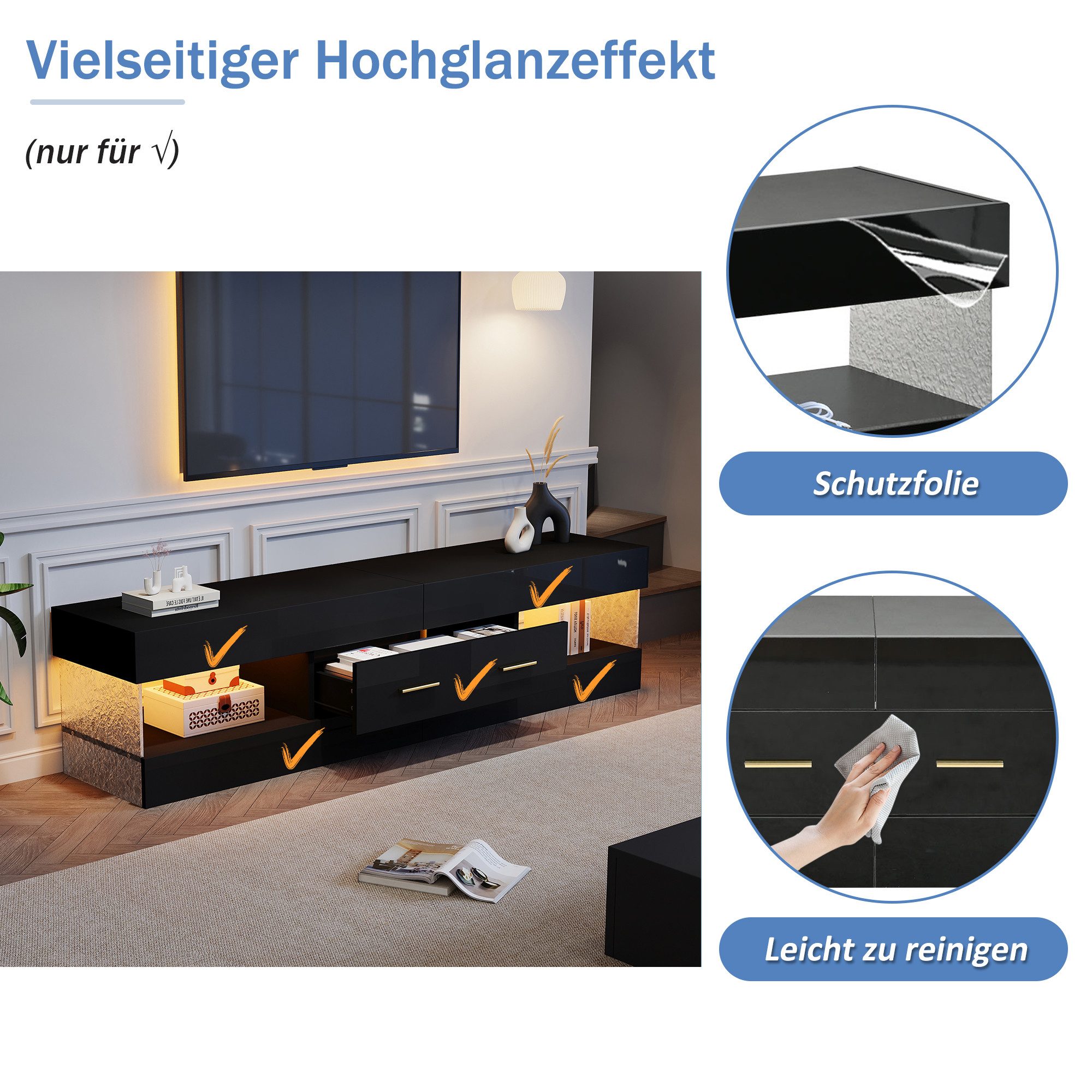 Merax Lowboard mit LED-Beleuchtung (TV-Möbel für Fernseher bis 75 Zoll, 1 St., 152x35x40cm), TV-Schrank mit Acryl-Seitenwänden, 2 Schubladen & 4 offenen Fächern
