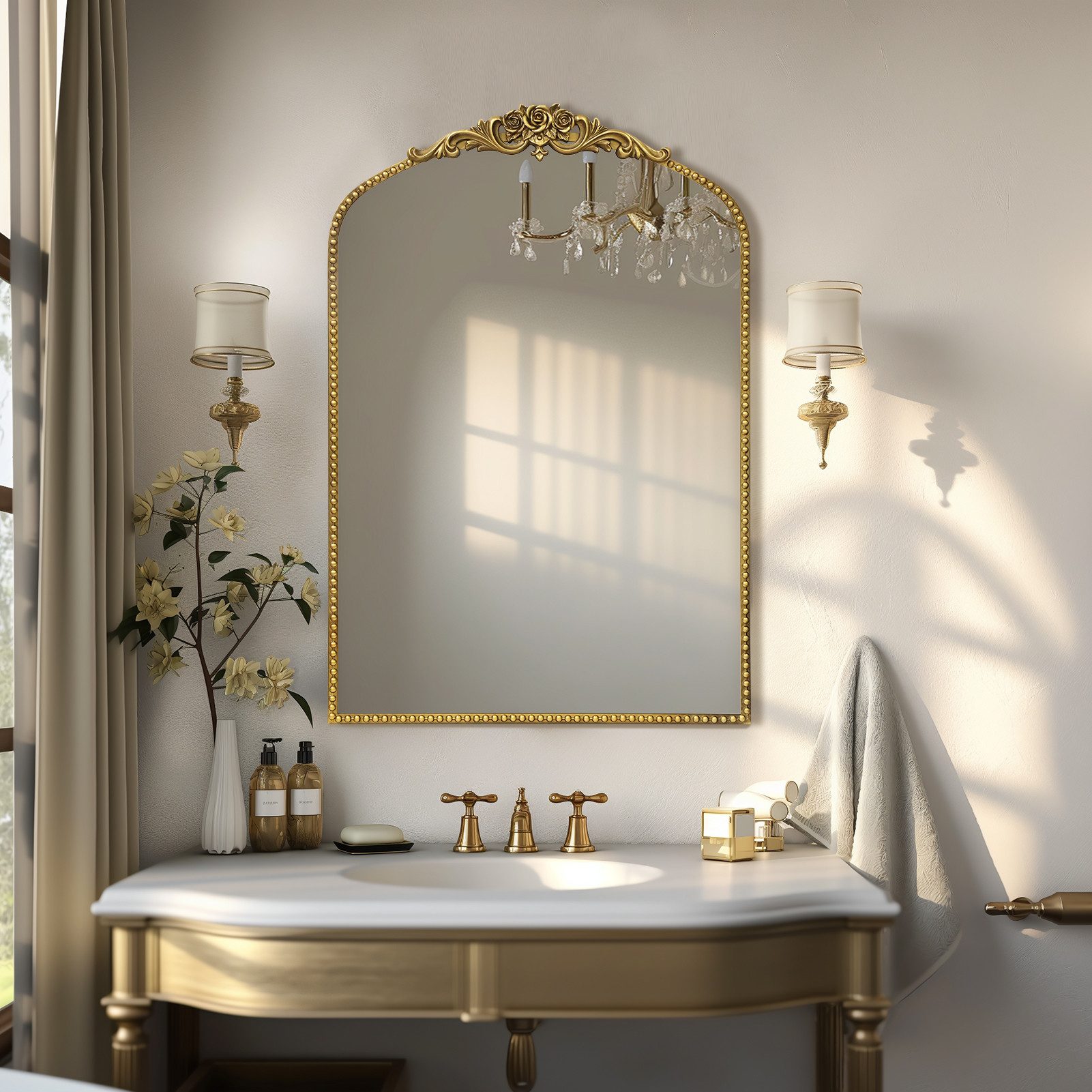 G-LEAF Spiegel Bogen-Wandspiegel, antiker Spiegel im Barockstil, mit Perlenverzierung (1-St), für Eingangsbereich, Badezimmer oder Schlafzimmer, Vintage-Gold