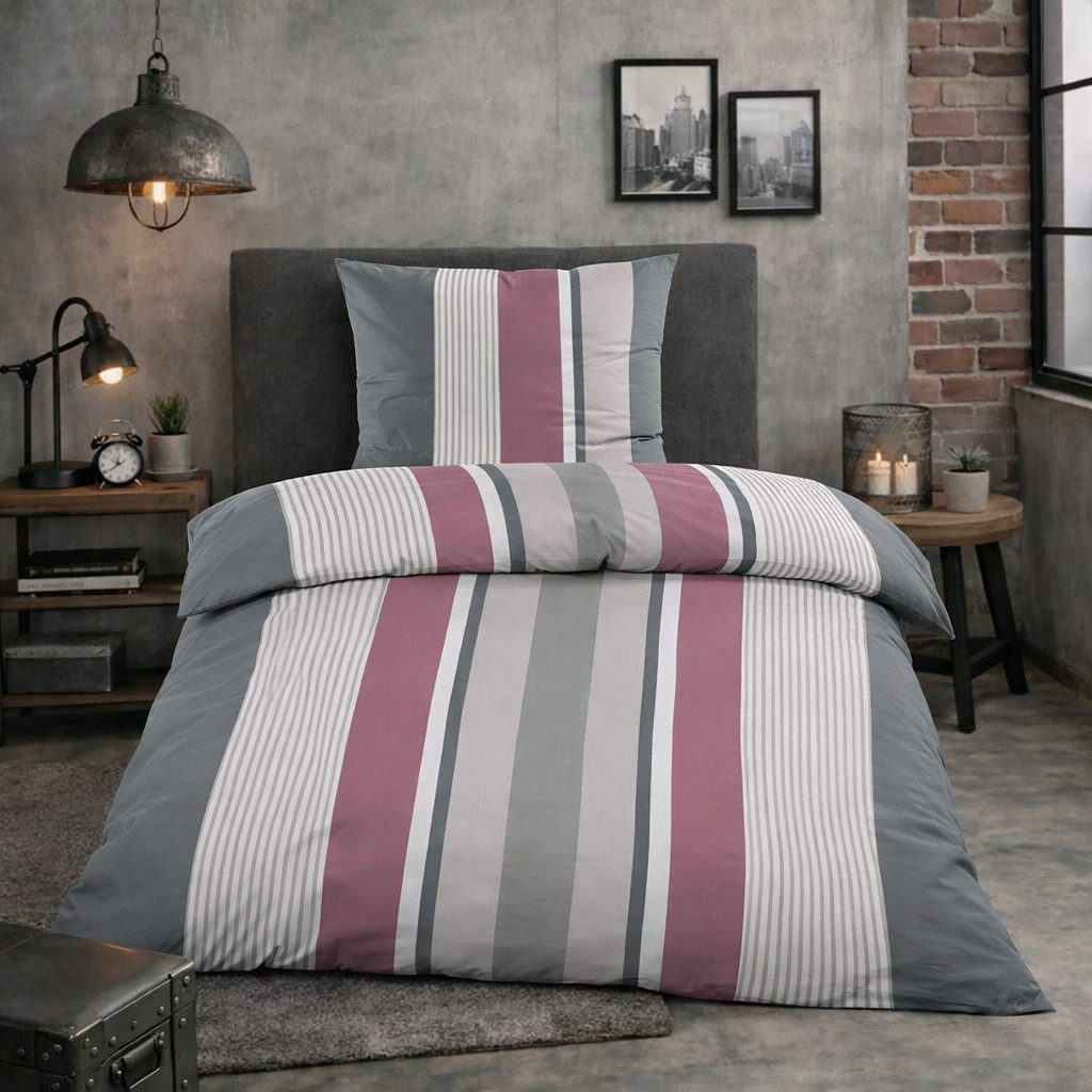 Casa Colori Bettwäsche Renforce Ganzjahres Bettgarnitur 135x200 cm, Renforce, 2 teilig, Grau Anthrazit Beere gestreift