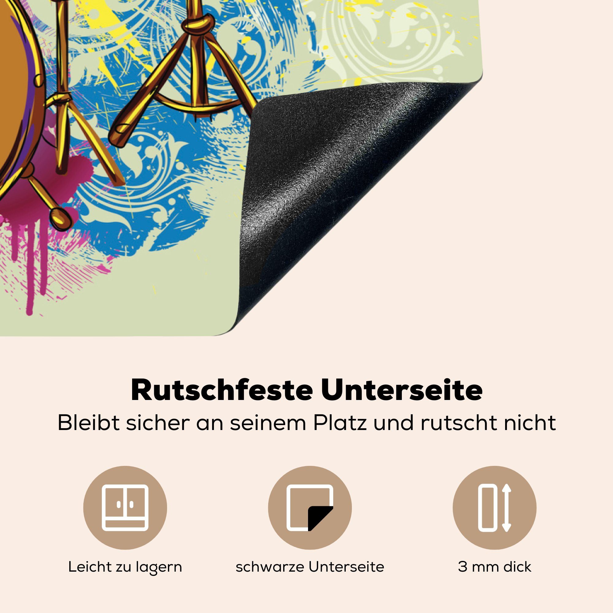 Vinyl, 81x52 die mit Herdblende-/Abdeckplatte küche, für Schutz cm, Farbe, Illustration MuchoWow Schlagzeugs Induktionskochfeld Ceranfeldabdeckung eines (1 tlg),