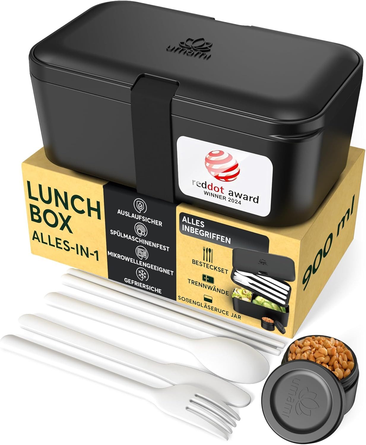 UMAMI Lunchbox Verschachtelbar 900 ml All-in-One - Brotdose, Enthält 4 Besteckteile, 1 Soßenbehälter und 1 herausnehmbaren Trenner