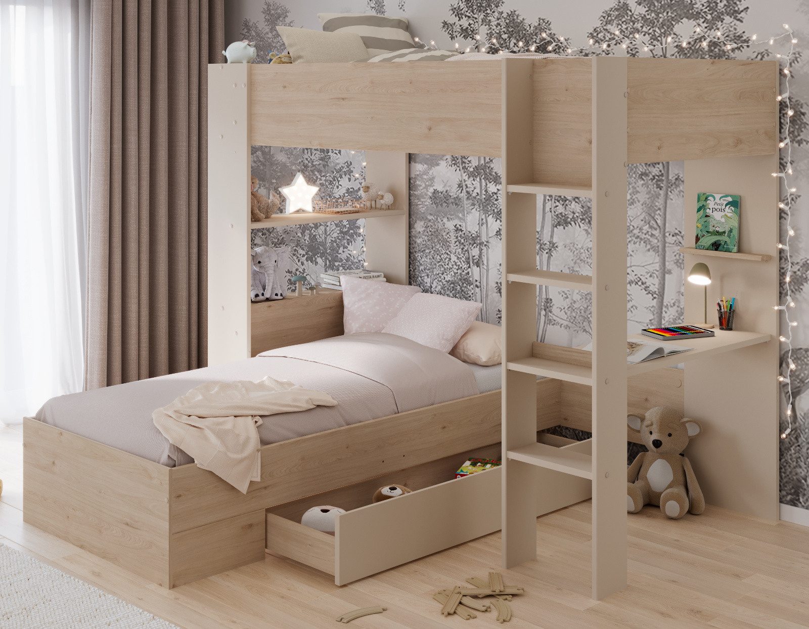 Parisot Etagenbett Lille (Hochbett in Eiche mit Kaschmir, 2x Liegefläche 90 x 200 cm), kein Lattenrost erforderlich