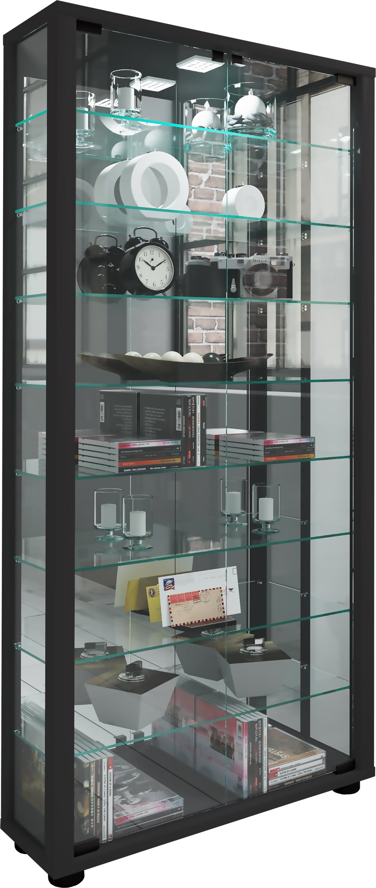 VCM Standvitrine Glasvitrine Lumo mit Glastüren, Spiegel und Glasvitrine stehend, Modern und platzsparend, Glasschrank