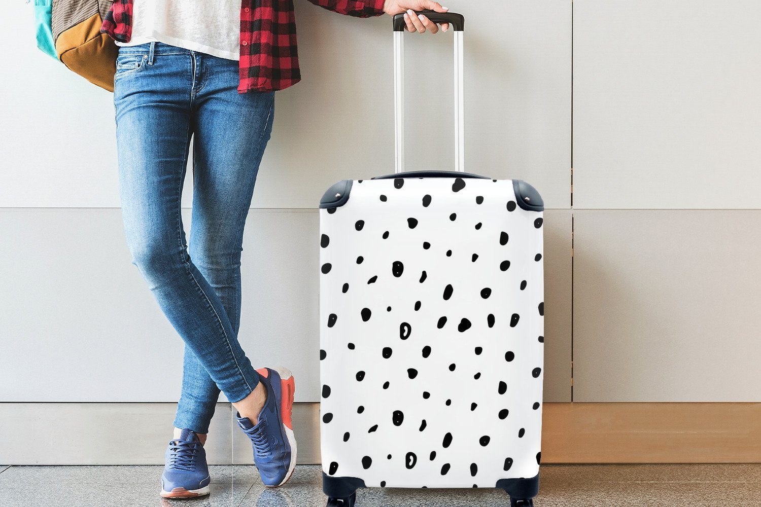 - - - Ferien, Polka Weiß Reisetasche Handgepäck Trolley, dots Rollen, rollen, MuchoWow 4 Schwarz mit Handgepäckkoffer Reisekoffer für Muster,