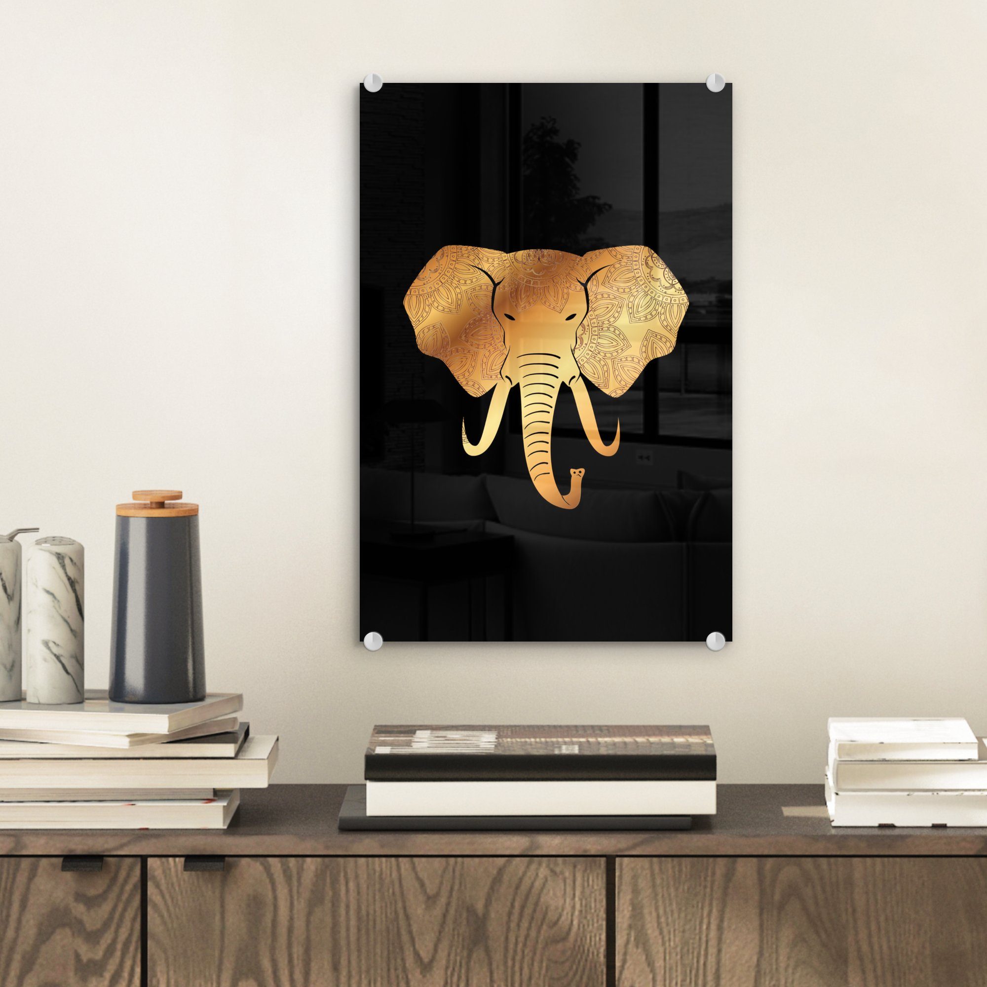 - - (1 Wandbild auf Foto - Elefant auf Bilder - Glas Acrylglasbild St), Gold Glasbilder MuchoWow Wanddekoration Muster, Glas -