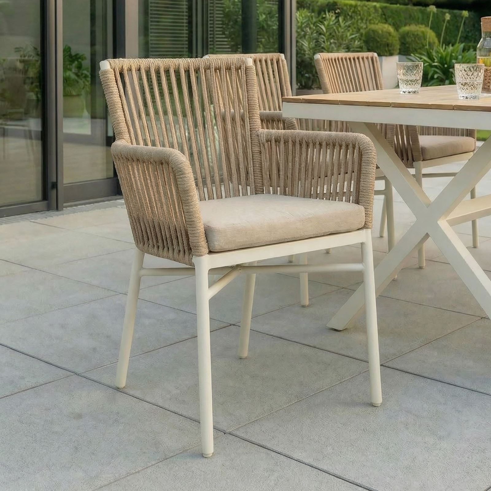 IDIMEX Gartenstuhl AFUERA (6 St), wetterfeste Terassenstühle mit Rope und Kissen modern Weiß/Beige