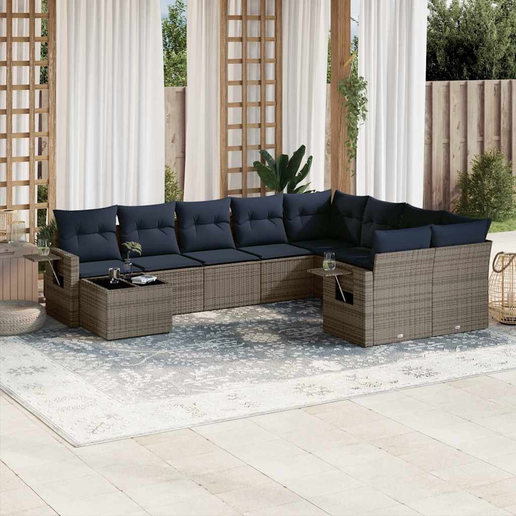 vidaXL Gartenlounge-Set 10-teiliges Gartensofa-Set mit Kissen, grau, Polyrattan, (1-tlg)