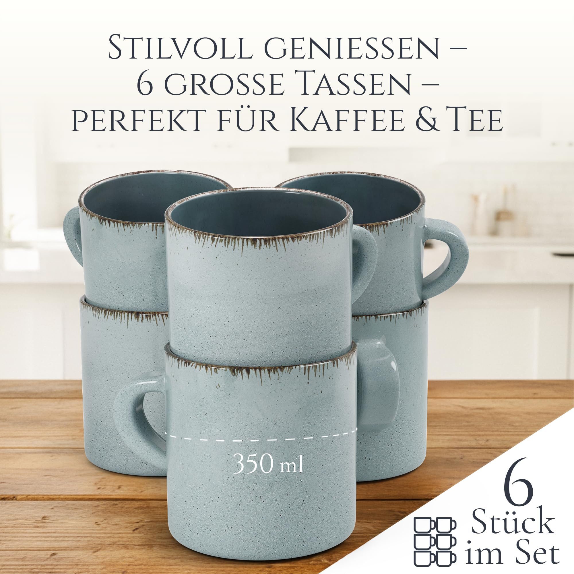 PURE LIVING INTERIOR DESIGN Geschirr-Set Tassen 6er 350ml Rustic, Steingut, Rauchblau (6-tlg), 6 Personen, Steingut – Bild 5 von 5