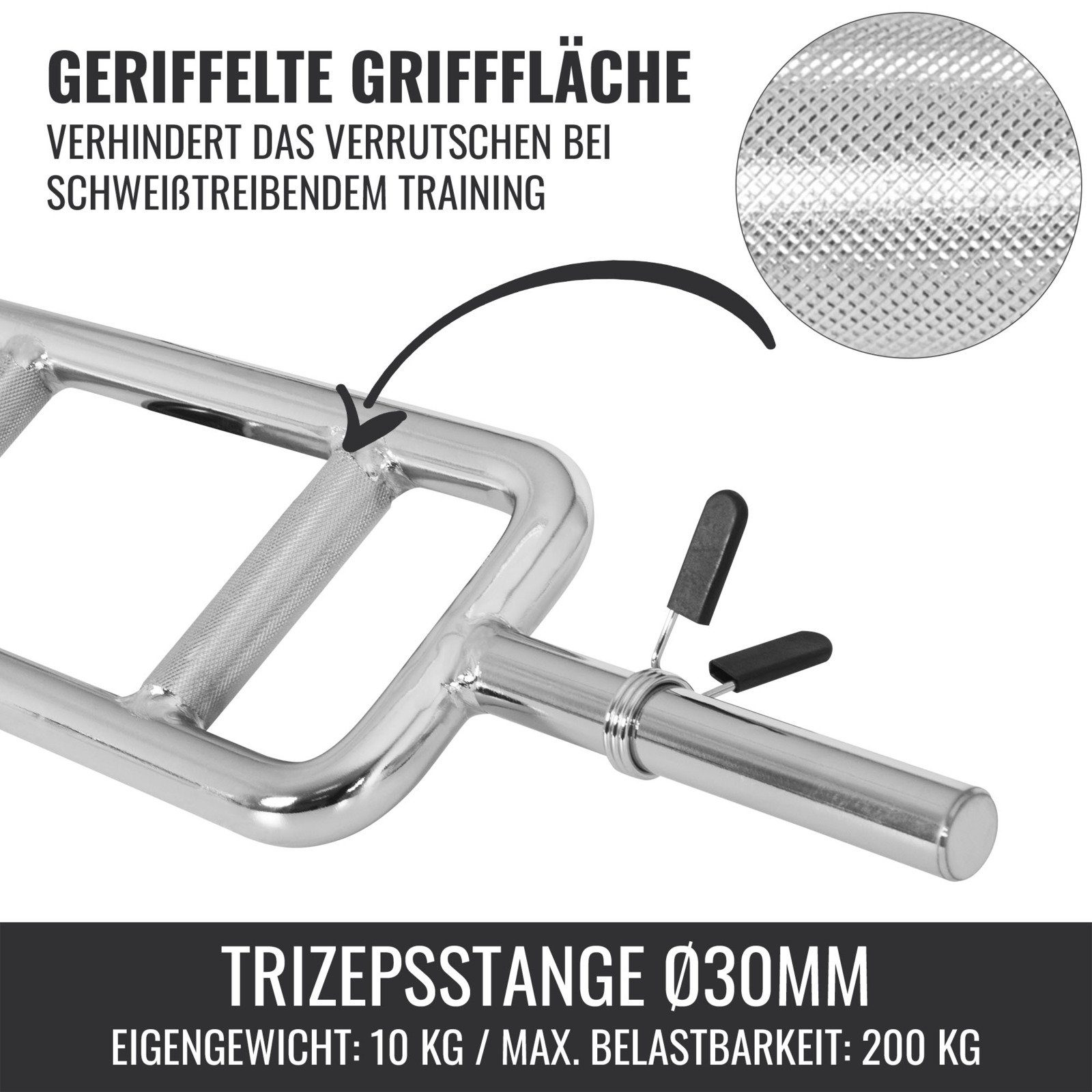 Verchromt, 30mm, bis - Federverschluss 200 Ø Trizeps kg, Hantelstange SPORTS Trizepsstange Gerändelt GORILLA