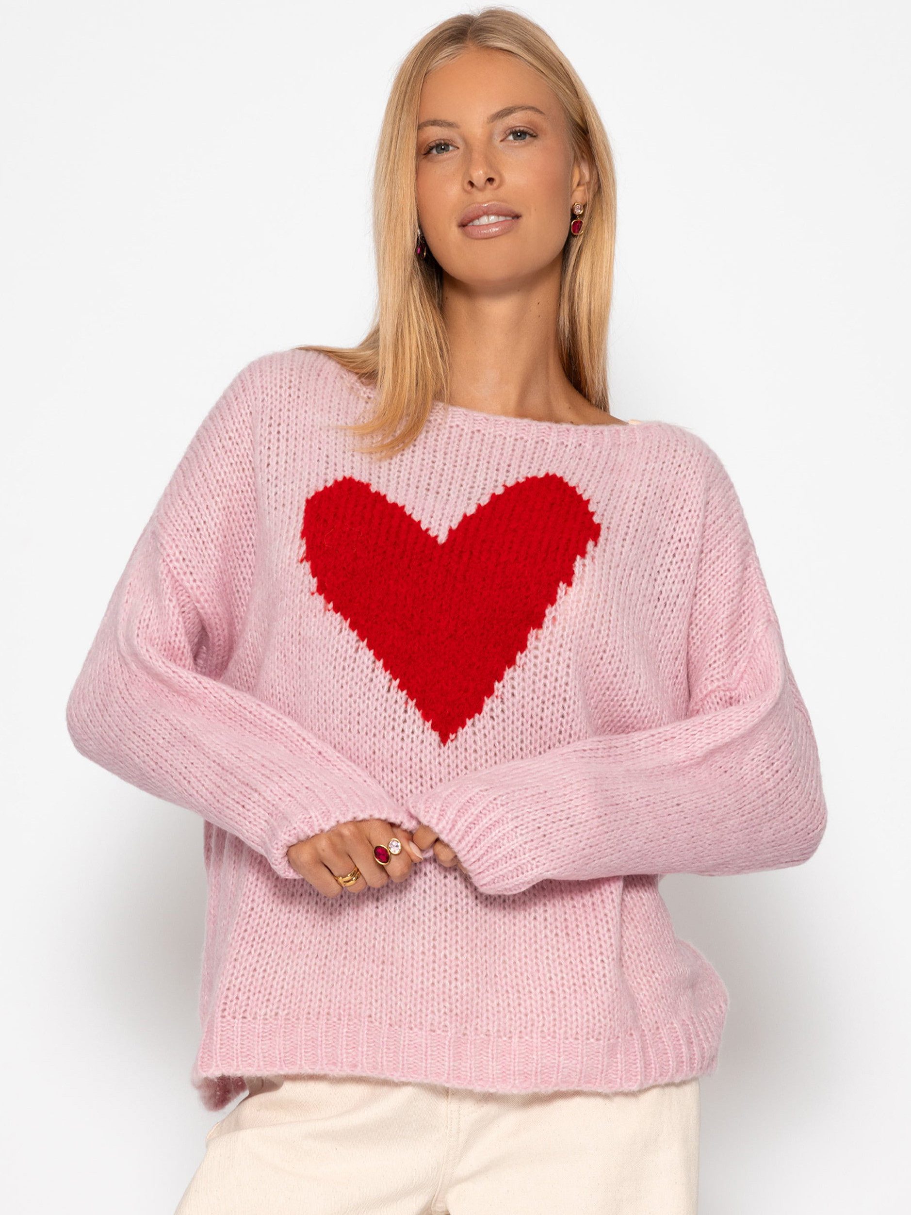 SASSYCLASSY Strickpullover Strickpullover Damen mit Herz-Details Oversize-Pullover mit auffälligem Herz Motiv Rosa Schwarz