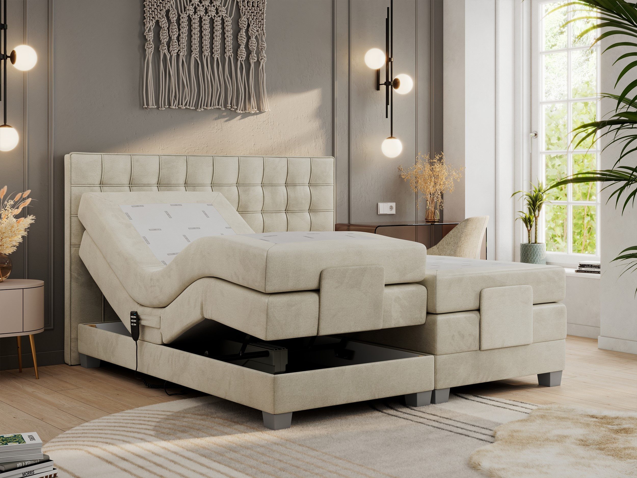 MKS MÖBEL Boxspringbett ELECTRO (Set, Packung, Multipocket-Matratzen, T30-Schaum, Elektrische Matratzenverstellung), Elektrisch verstellbare, Doppelbett mit Kopfteil, 3 Matratzen, Topper