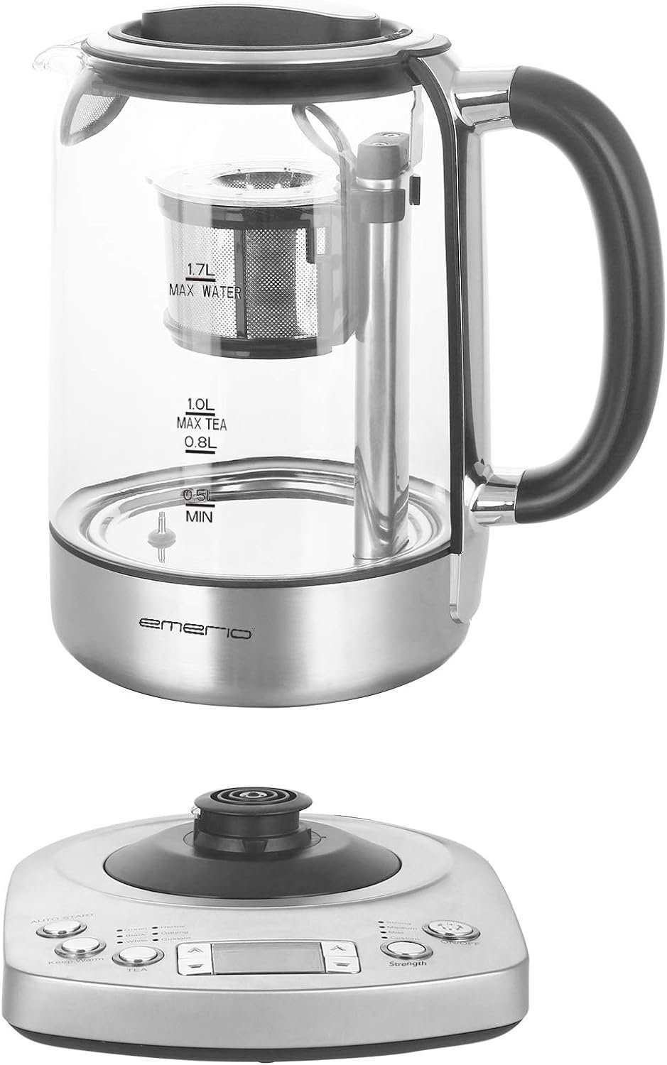Wasserkocher, Glas 1,7 2200,00 W, l, Emerio vollautomatisches TESTSIEGER Wasserkocher Teekocher Teesieb mit