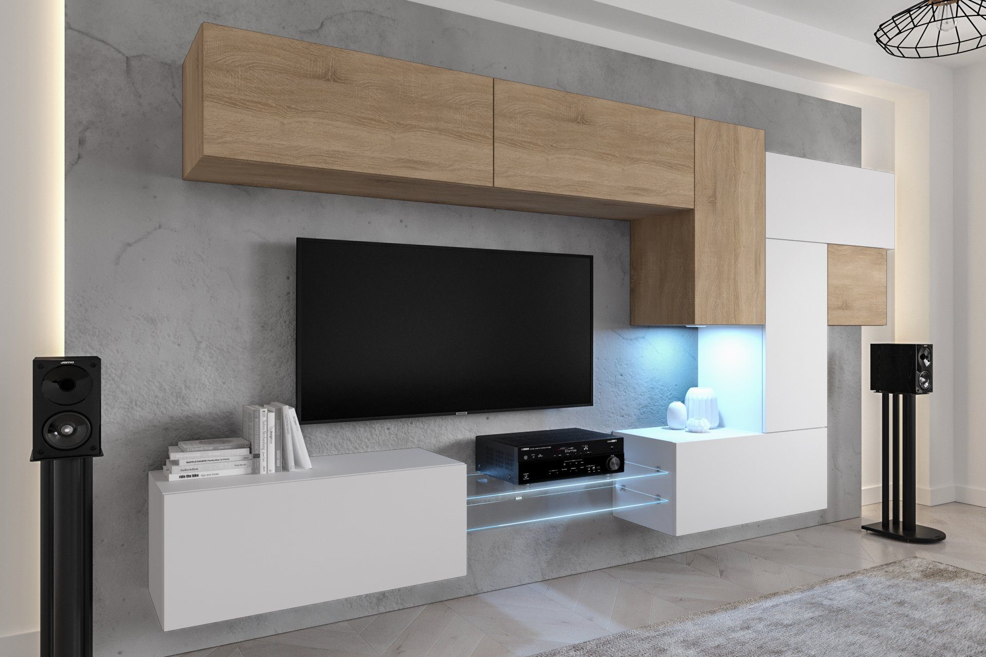 Elegantes - Sonoma ROYAL24_MARKT Set, - Beleuchtung Moderne NovaStyle), Eiche-Weiß Innovation und Qualität (Komplett in 10-St., - Design Wohnwand -Matt Wohnwand Premium-Qualität, Wohnzimmer