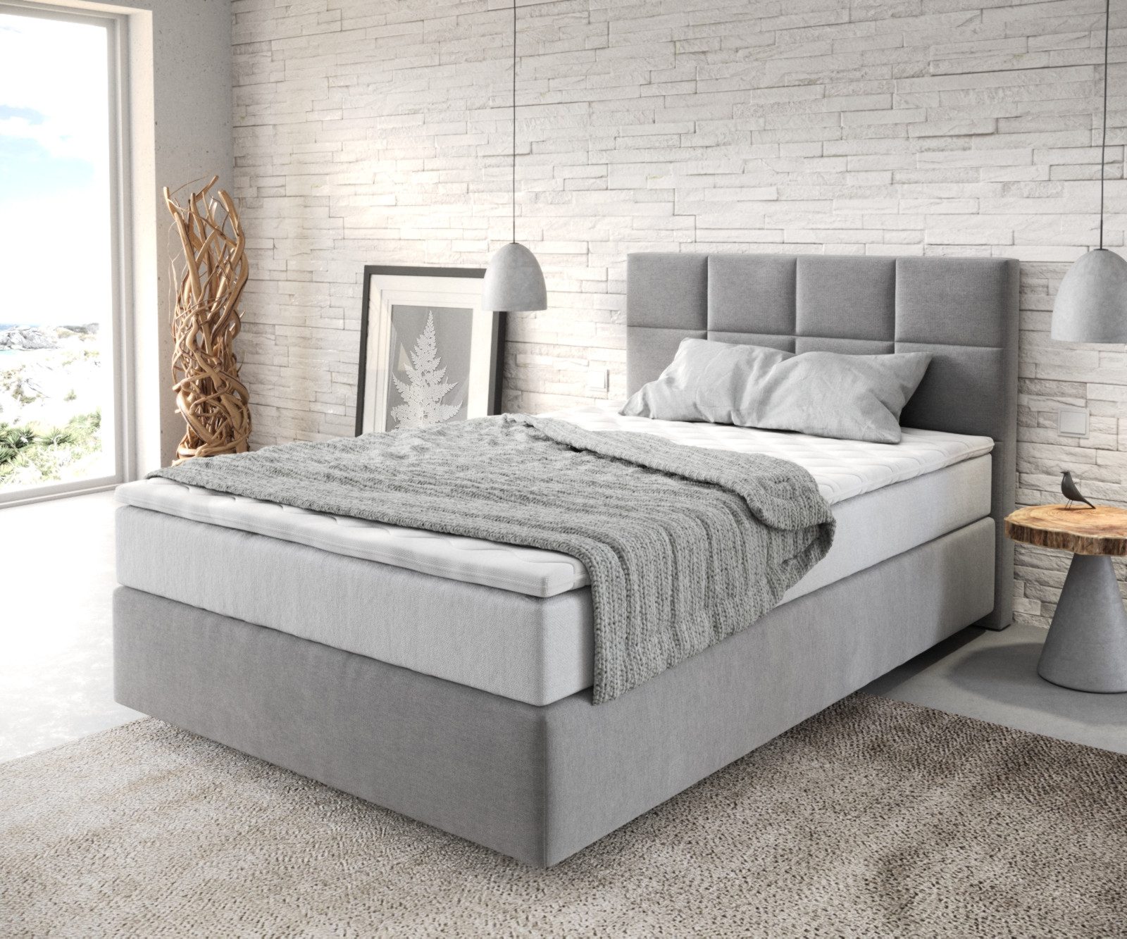 DELIFE Boxspringbett Dream-Fine, Mikrofaser Grau 120x200 cm mit TFK Matratze und Visco Topper