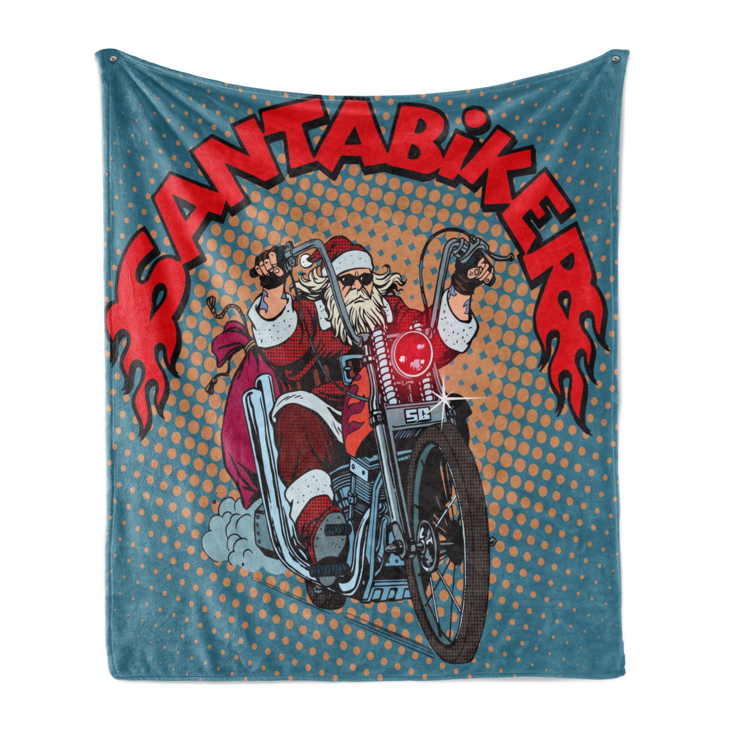 Wohndecke Gemütlicher Plüsch für den Innen- und Außenbereich, Abakuhaus, Weihnachtsmann Pop-Art Retro Radfahrer Sankt