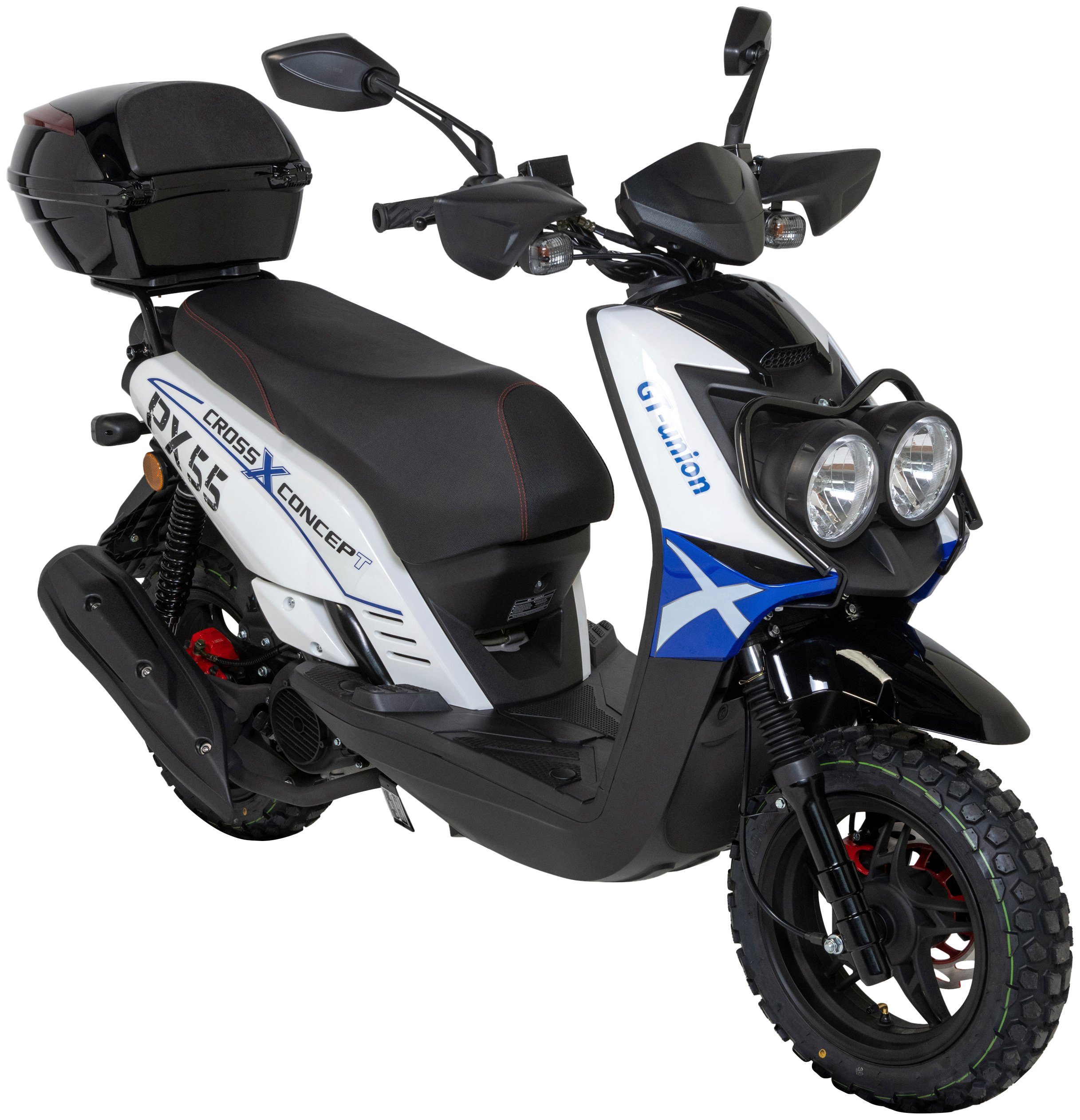 mit GT PX 125 5, (Set), 55 km/h, weiß/blau/schwarz Cross-Concept, Topcase Motorroller UNION ccm, 85 Euro