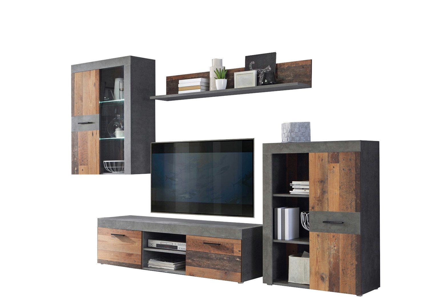 möbel-direkt.de Wohnwand Grigor in Betonoptik Dunkelgrau und Old Wood Vintage, (Komplettset, 4-St., Hängeschrank + Kommode + Wandboard + TV- Schrank mit Beleuchtung), LED- Beleuchtung, Glasböden