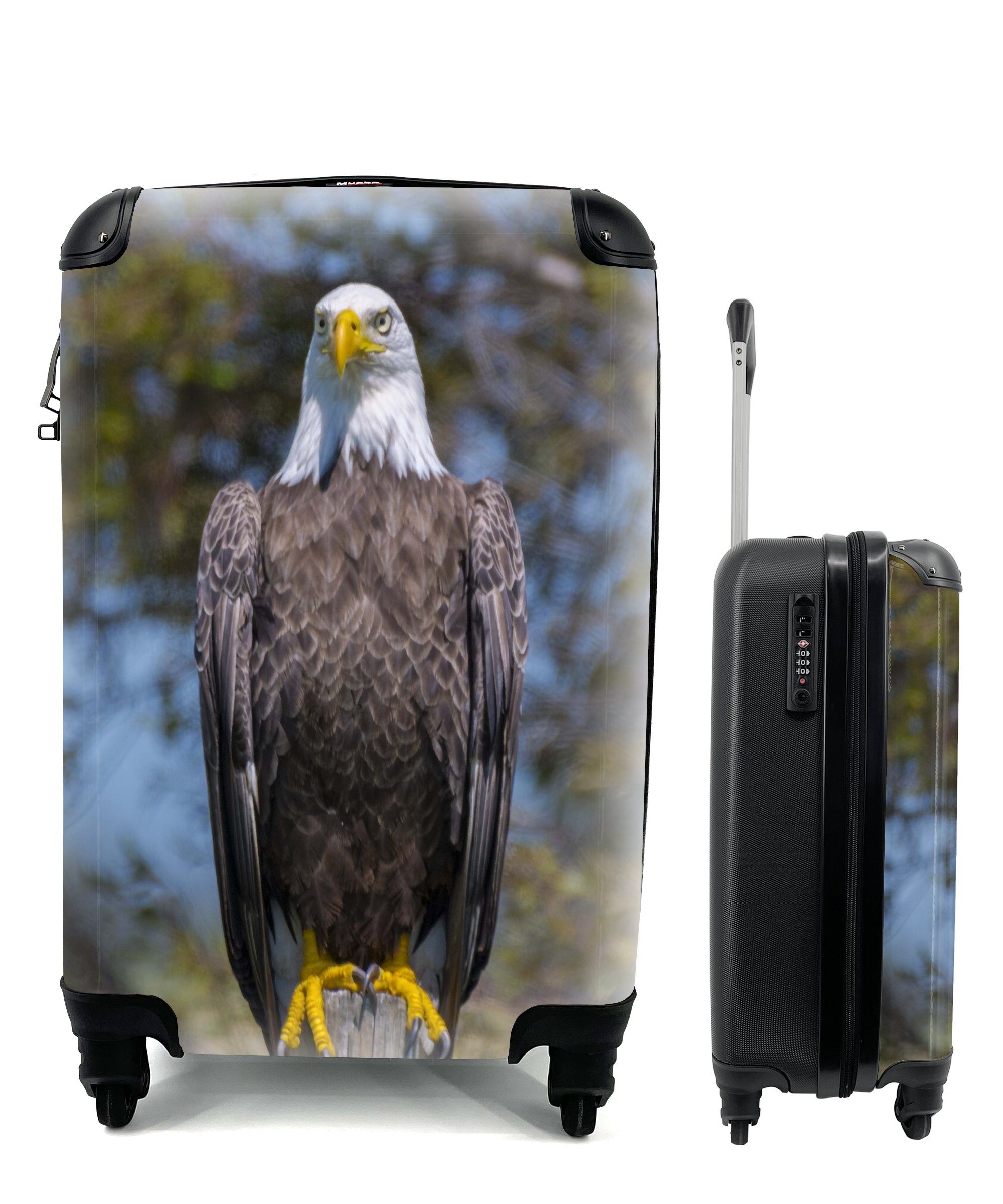 MuchoWow Handgepäckkoffer Ein Weißkopfseeadler sitzt auf einem Holzpfahl, 4 Rollen, Reisetasche mit rollen, Handgepäck für Ferien, Trolley, Reisekoffer