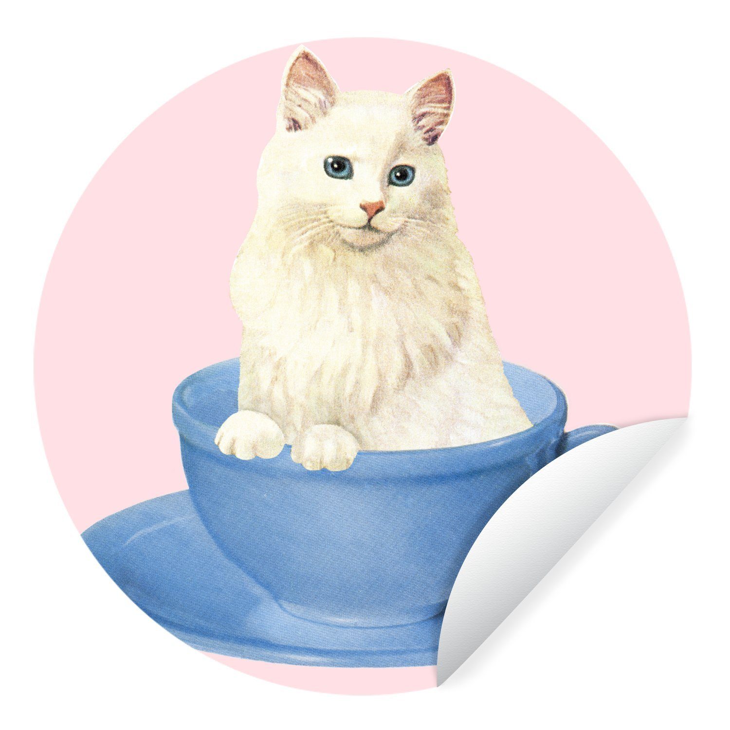 MuchoWow Wandsticker Katzen Wohnzimmer - Tapetenkreis Illustration Tasse Kinderzimmer, - Rund, Tapetenaufkleber, St), für (1