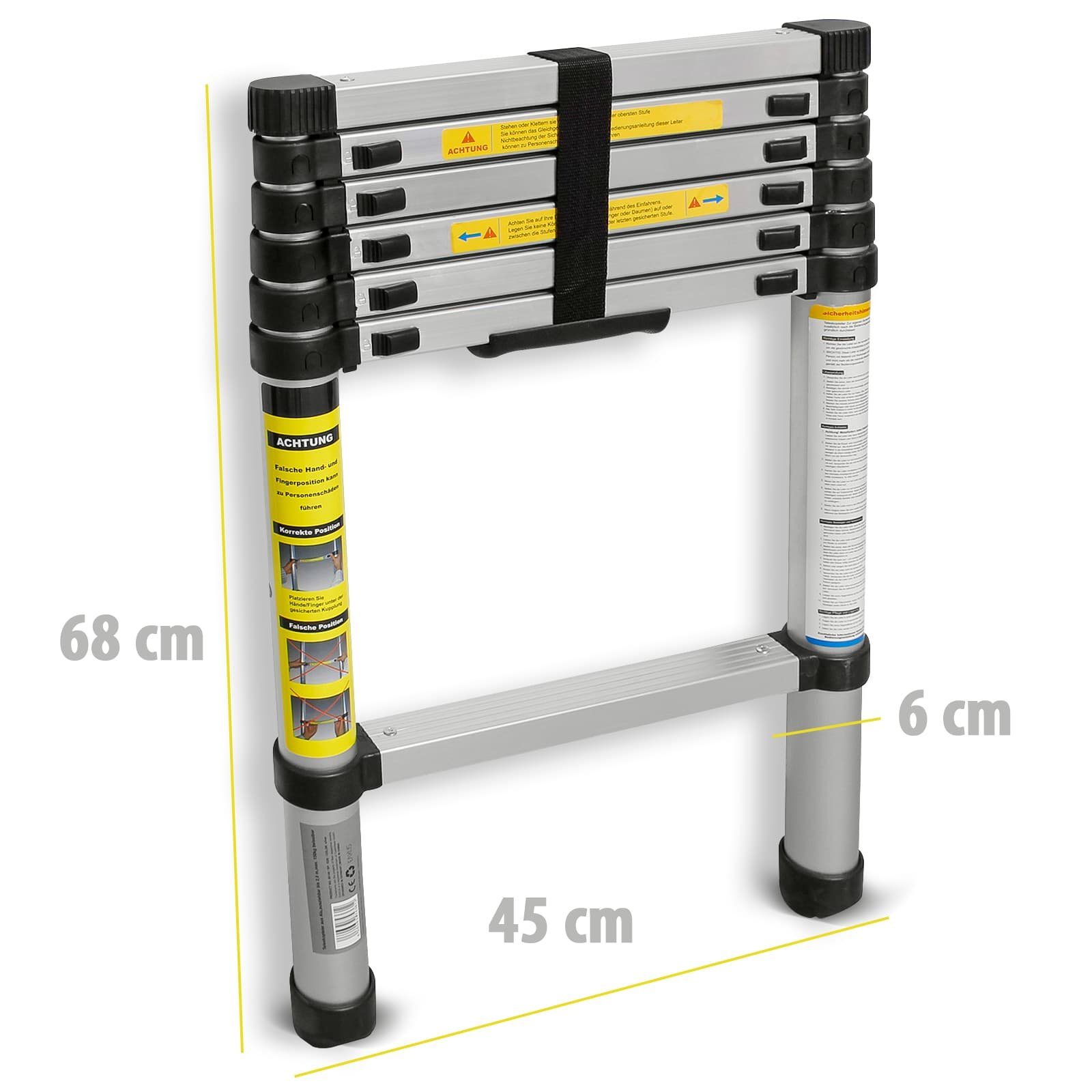 EAXUS Teleskopleiter Ausfahrbare Leiter Aluminium 2,0 Meter DIN EN 131 Mehrzweckleiter, 7 rutschfeste Sprossen, zusammenklappbar auf 68 cm