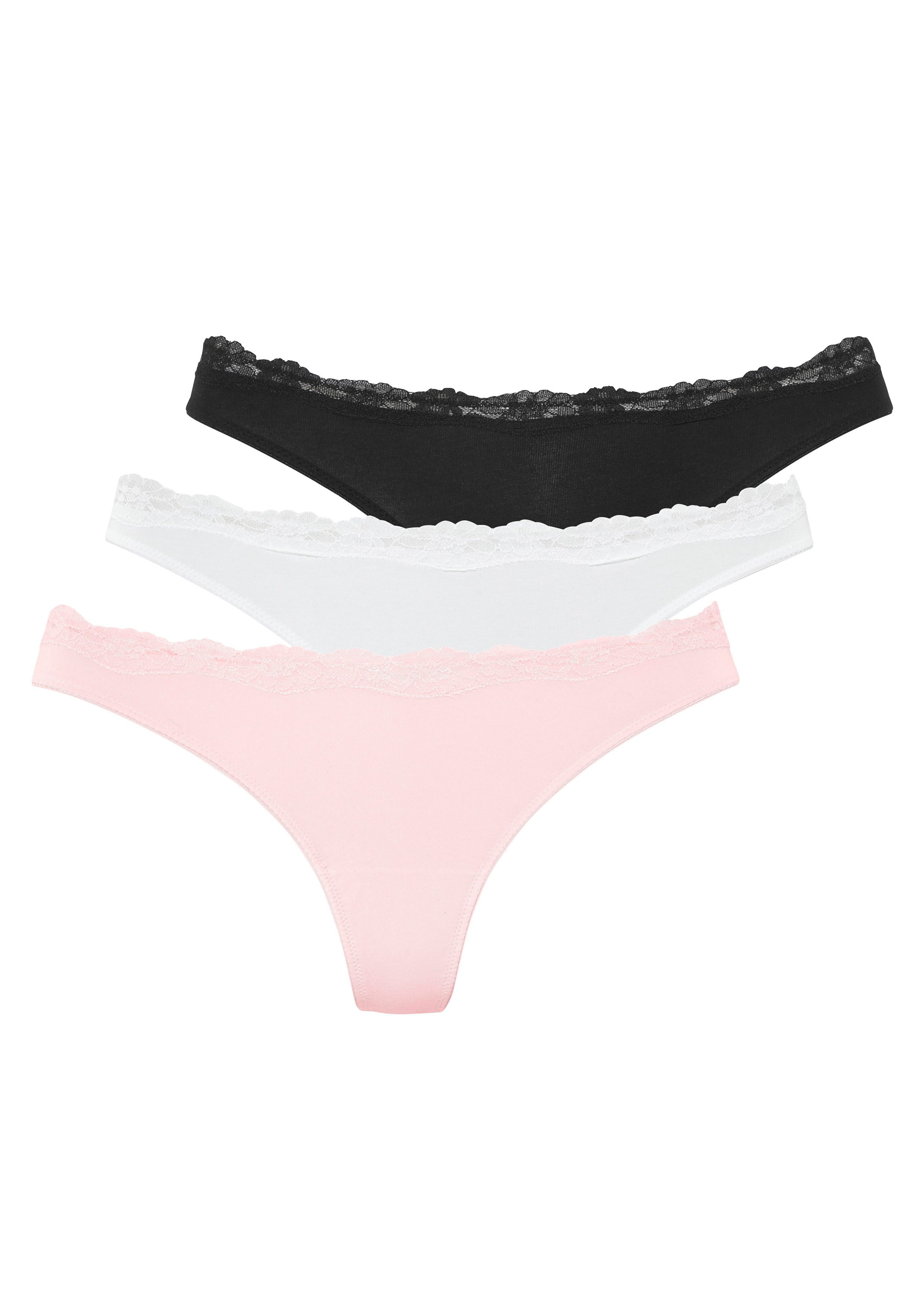 LASCANA String (3er-Pack) aus elastischer Baumwolle mit zarter Spitze