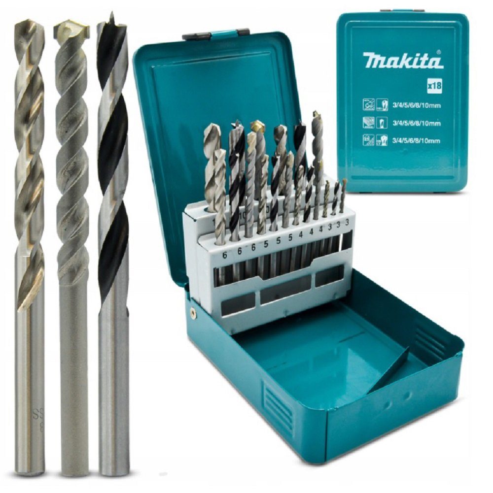 Makita Bohrer- und Bit-Set Makita 18-tlg Set Bohrersatz Holzbohrer Metallbohrer D-46202, (18-tlg)