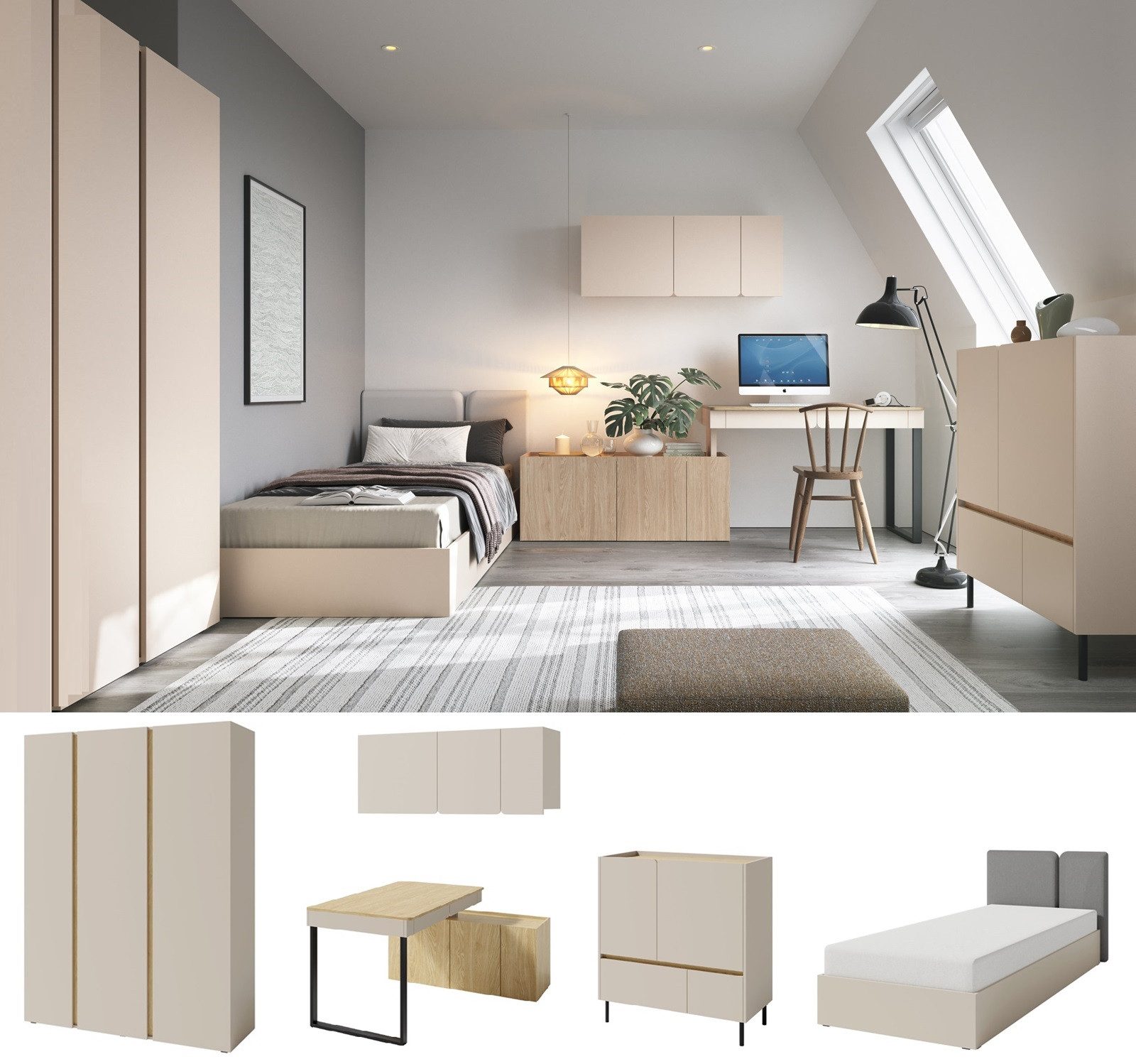 QMM TraumMöbel Jugendzimmer-Set komplett Laris Set C, (Set, 5-tlg., Schrank 3-türig, Kommode, Schreibtisch, Wandregal, Bett 90/120x200)
