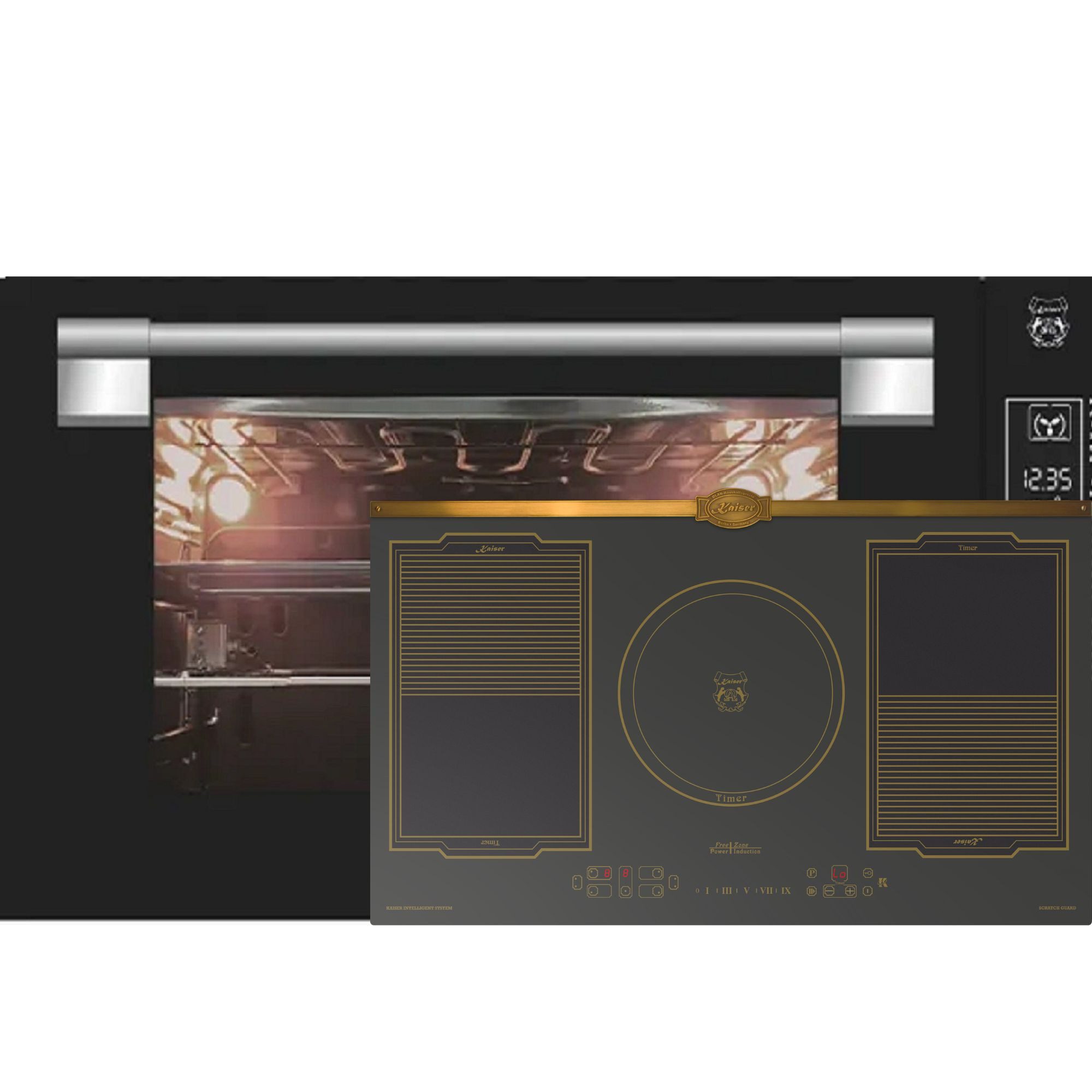 Kaiser Küchengeräte Backofen-Set Herd Set Autark Einbau Backofen 90 cm 105L Schwarzes Glas TouchControl+Induktionskochfeld 90 cm, FREE Zone, Autark, Scratch-Guard EH 9309+KCT 9196 IEm, mit 1-fach-Teleskopauszug