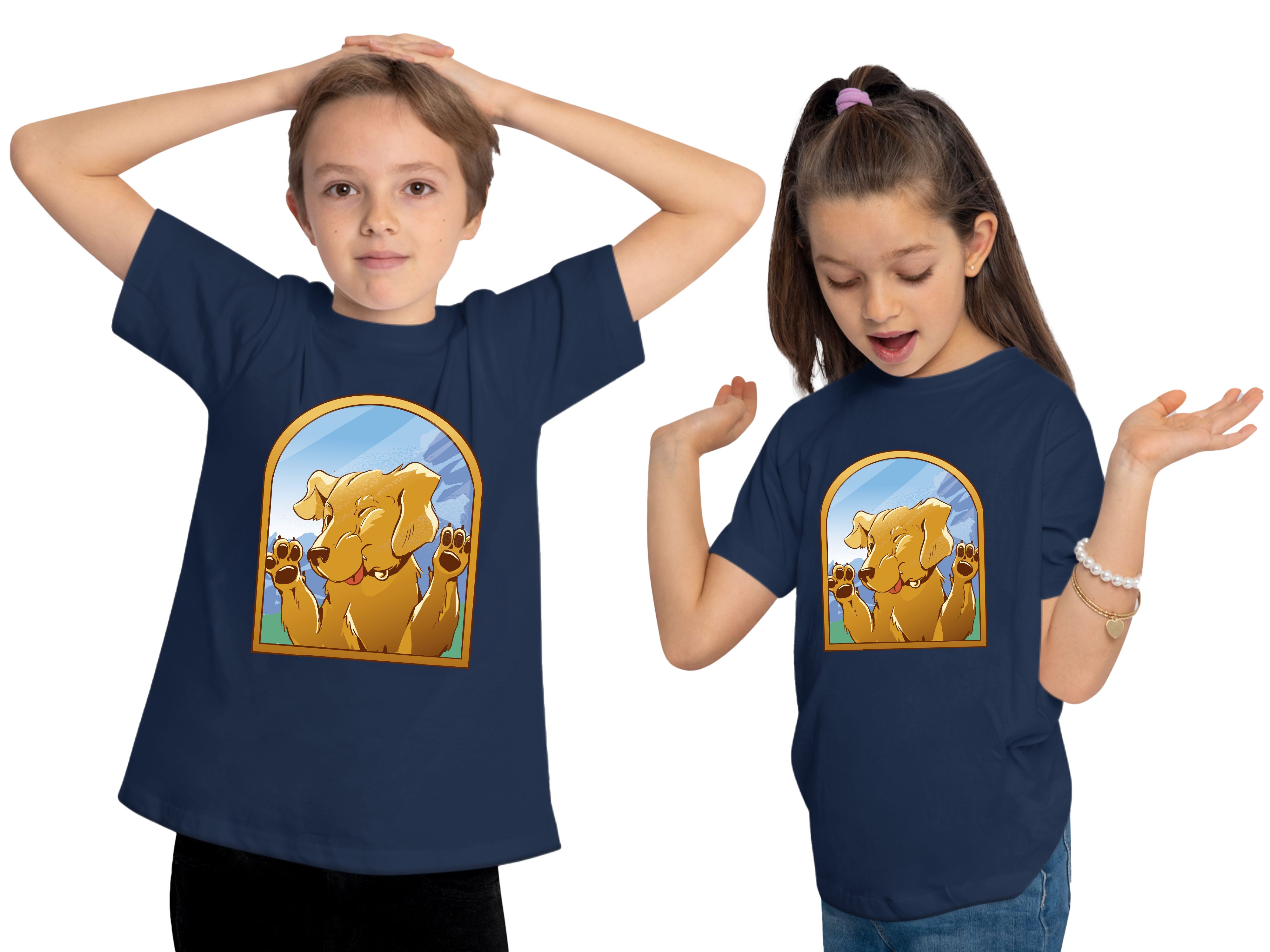 Hunde navy blau Aufdruck, i222 Kinder T-Shirt Print-Shirt Labrador mit MyDesign24 - Fenster gegen Baumwollshirt bedrucktes